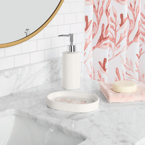 16-Piece Pink Coastal Botanical Shower Curtain Bathroom Set Fabric Curtain with Rug, Hooks, Soap Dispenser & Tray - Image 2