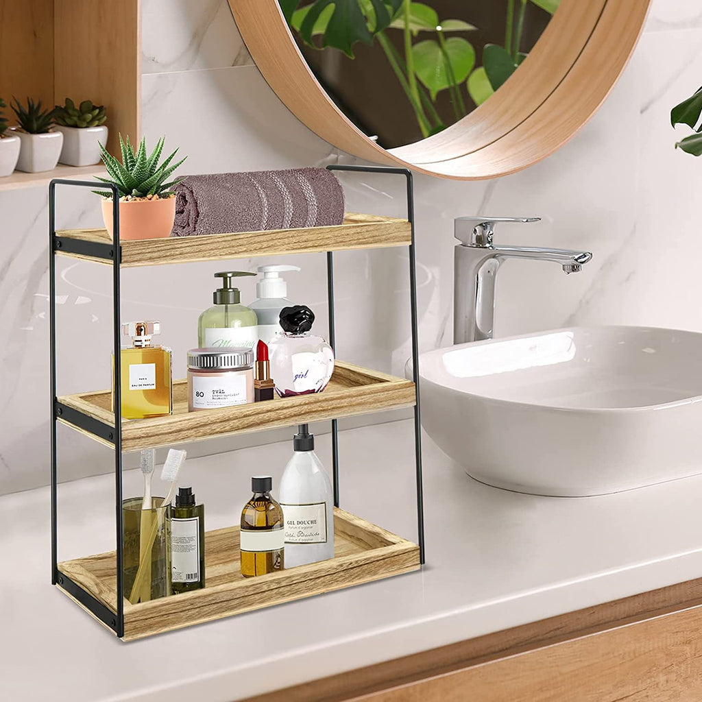 3-Tier Bathroom Counter Organizer, Wood Countertop Storage Shelf for Kitchen Bedroom Offices - Image 5
