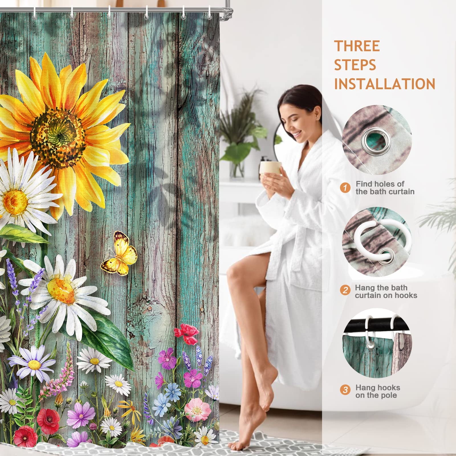 Shower Curtains, Boho Shower Curtains for Bathroom, with 12pcs Hooks, Weighted Hem,72" x 72" , Colorful - Image 4