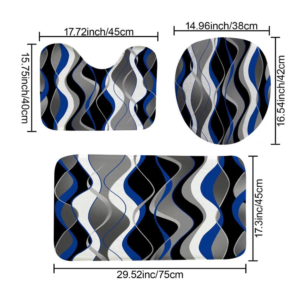 4Pcs Blue Shower Curtain Sets with Non-Slip Rugs, Toilet Lid Cover and Bath Mat, Black and Gray Bathroom Decor Set Ac... - Image 4