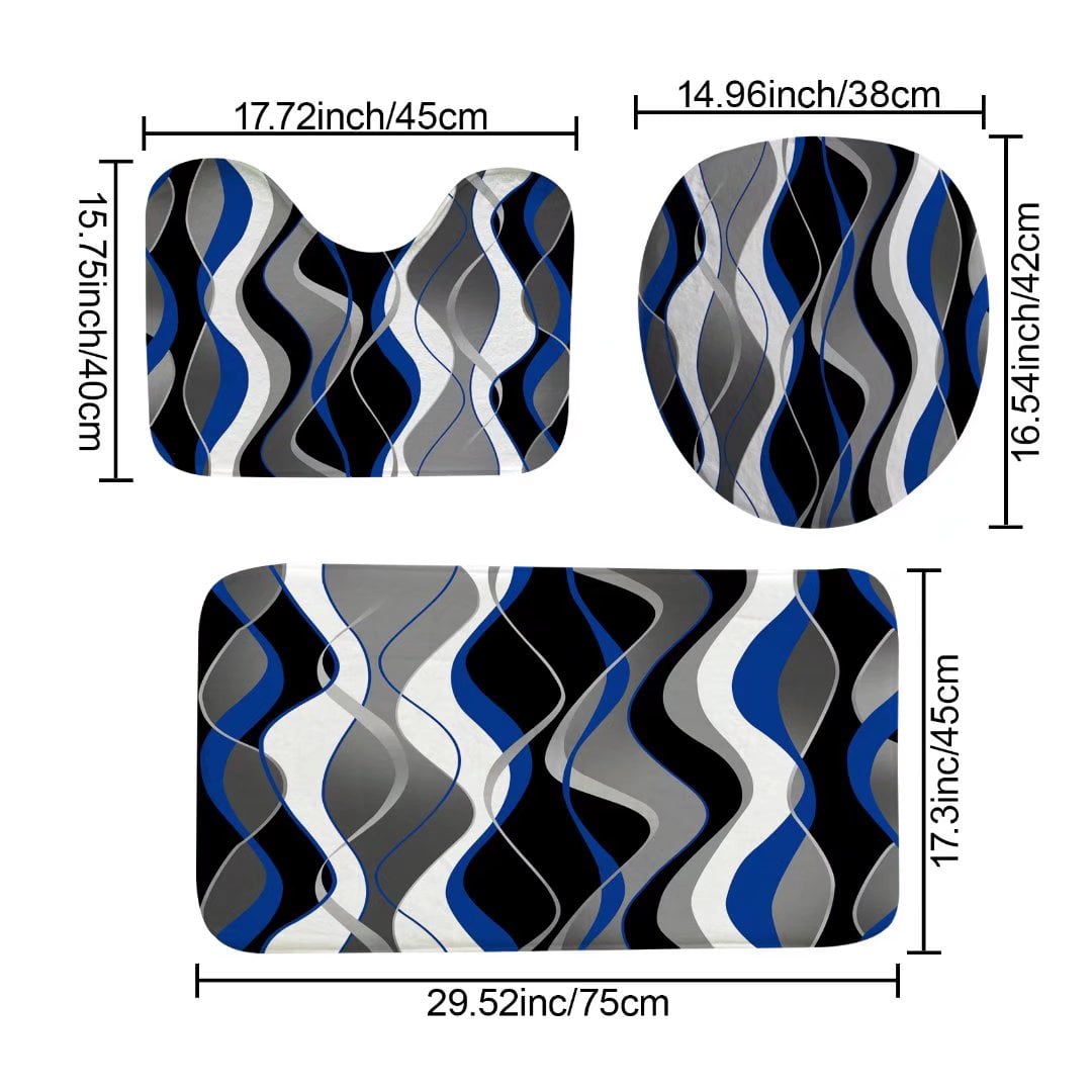 4Pcs Blue Shower Curtain Sets with Non-Slip Rugs, Toilet Lid Cover and Bath Mat, Black and Gray Bathroom Decor Set Ac... - Image 4