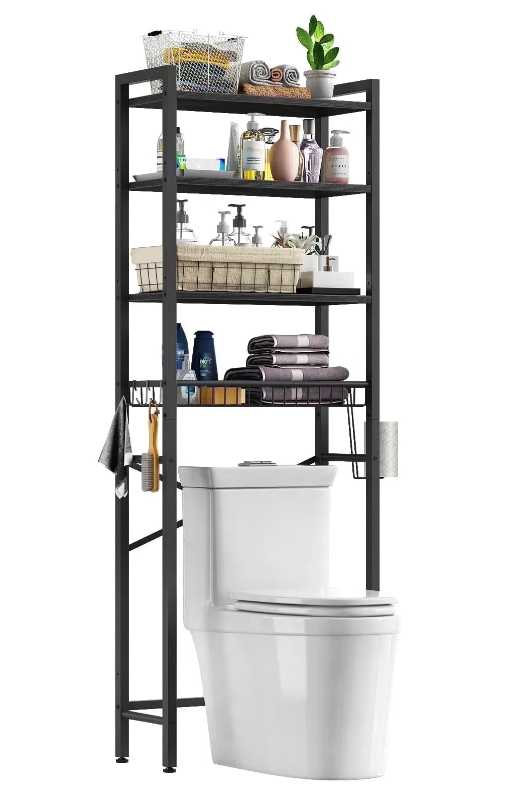 Biemlerfn Over The Toilet Storage Shelf, 4-Tier Wooden Bathroom Organizer Adjustable Saver Space Rack with Toilet Paper Holder, Classic Blac - Image 2