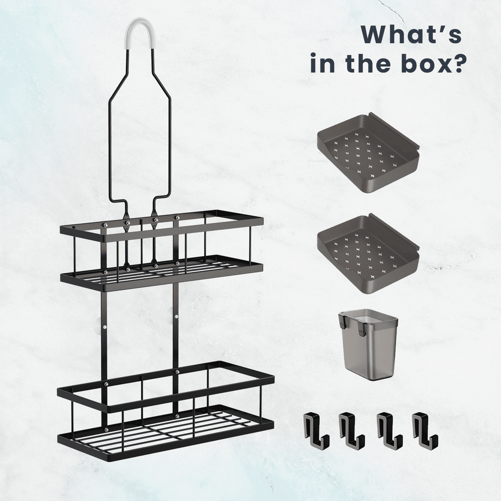 Caddy (Black) Rustproof, No-Drill Organizer with 2 Soap Dishes, Toothbrush Holder, 4 Hooks, Fits Over head. - Image 6