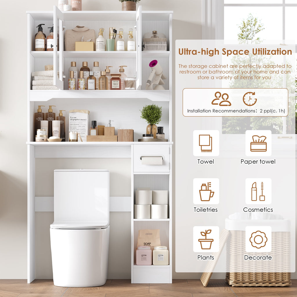 The Toilet Storage Cabinet with Toilet Paper Holder Stand, Above Toilet Organizer with Glass Doors, Behind Toilet She... - Image 2
