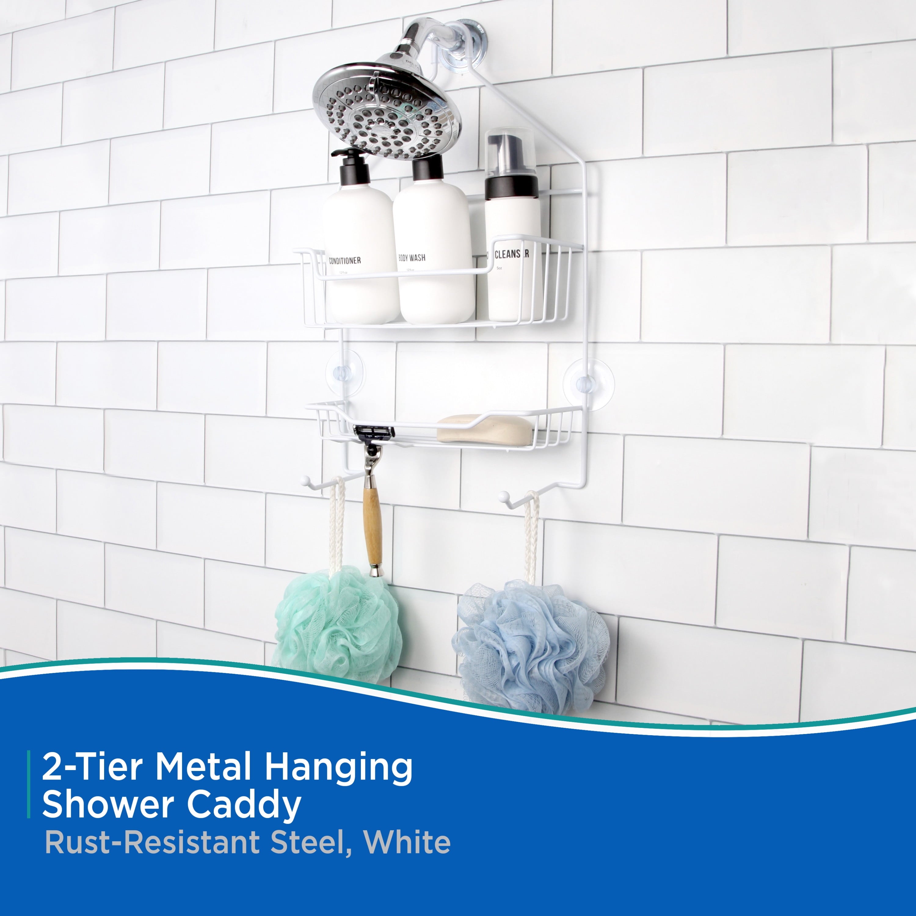 2-Tier Hanging Shower Caddy with Suction Cups and Razor Holder, White - Image 3