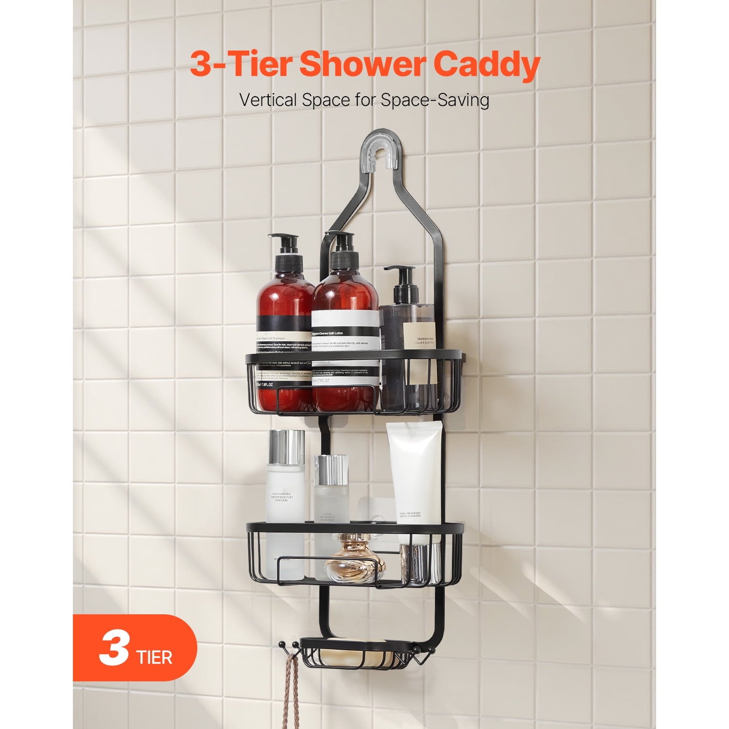 KFFKFF 3-Tier Hanging Shower Caddy, Bathroom Storage Rack with Soap Tray and Hooks for Towels and Sponges, 40 lbs Weight Capacity, Fits Over - Image 6