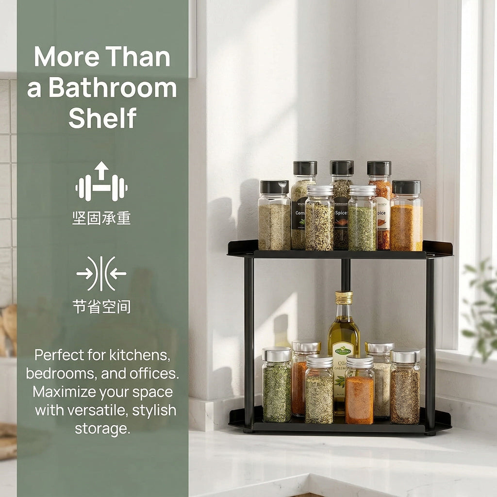 2-Tier Metal Corner Countertop Organizer, Sturdy Bathroom & Vanity Shelf with Guardrails, Space-Saving Storage for Ki... - Image 2