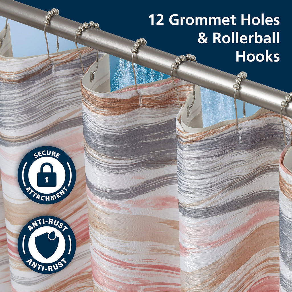 14-Piece Wave Shower Curtain Set 72" x 72" Fabric Curtain, Liner & Metal Hooks, Moisture-Repellent, Machine Washable - Image 4