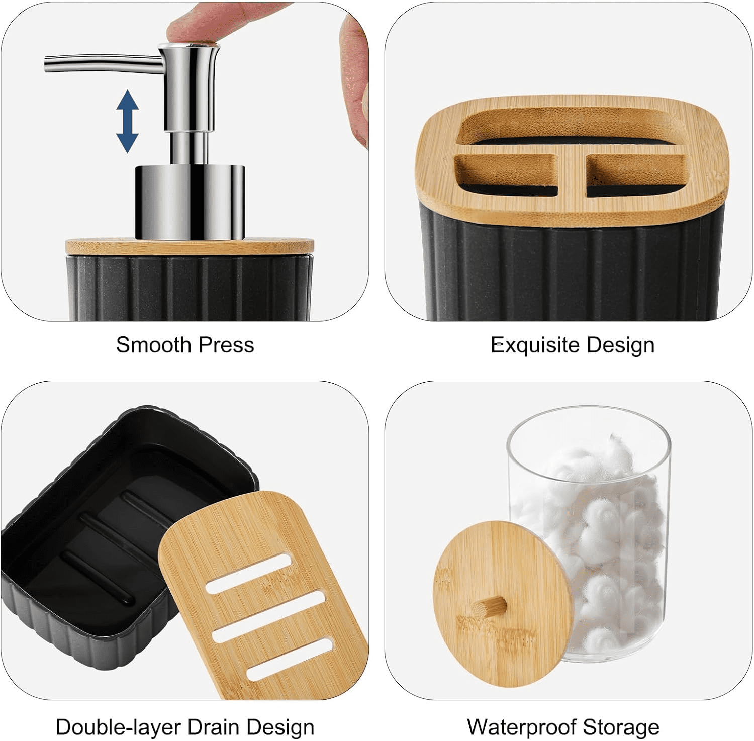 Bathroom Accessories Set-22 PCS Bathroom Set with Shower Curtain and Hooks, Toilet Brush, Trash Can & Soap Dish, Black - Image 4
