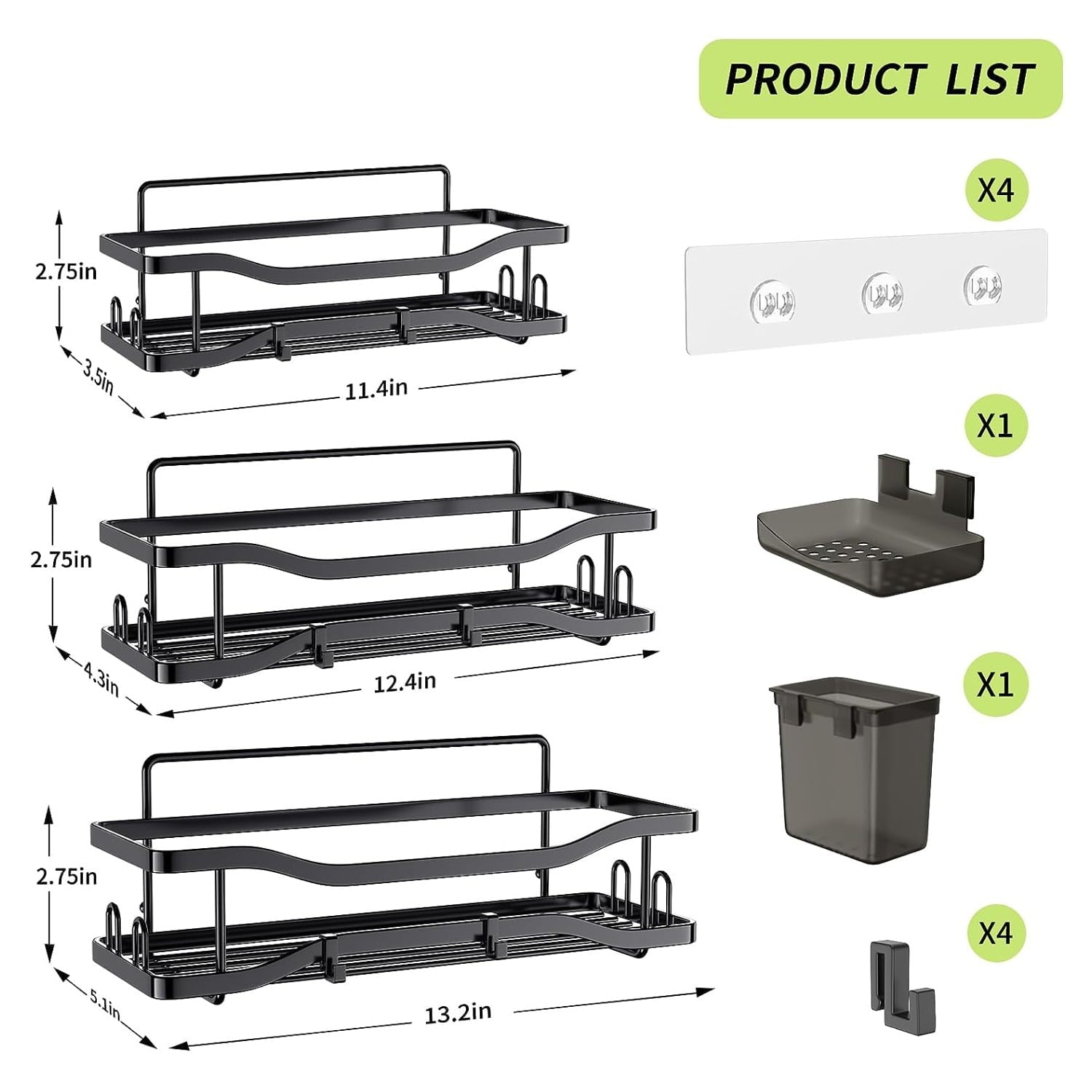Bathroom Shower Caddy , 3 Pack Stainless Steel Adhesive Shelves with Hooks, Toothpaste & Soap Holder, No Drilling Rus... - Image 2
