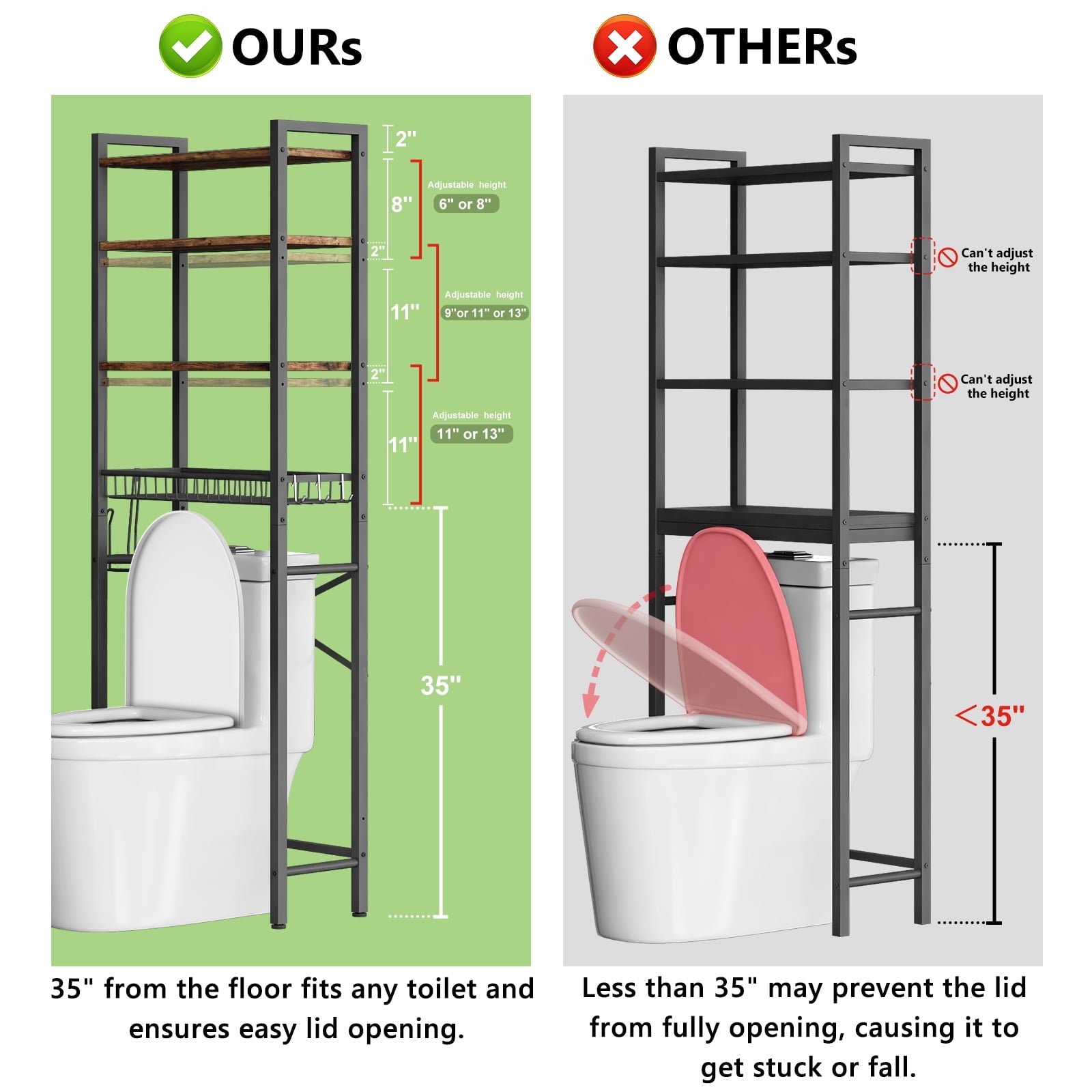 The Toilet Storage Shelf, 4-Tier Wooden Bathroom Organizer Adjustable Saver Space Rack with Toilet Paper Holder, Vint... - Image 3