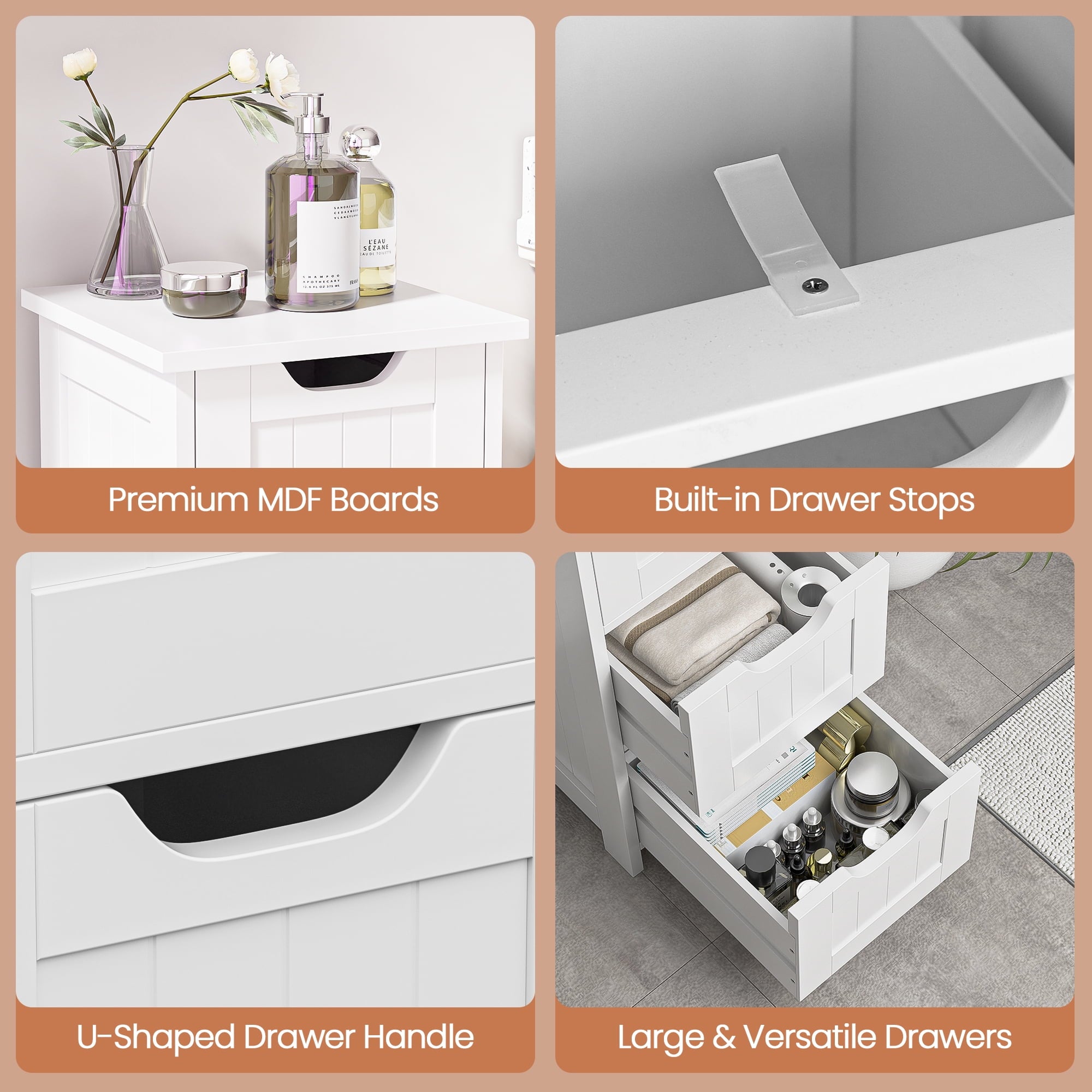 ZENY Bathroom Floor Cabinet Attractive Wooden Side Storage Organizer with 4 Drawers, White - Image 4