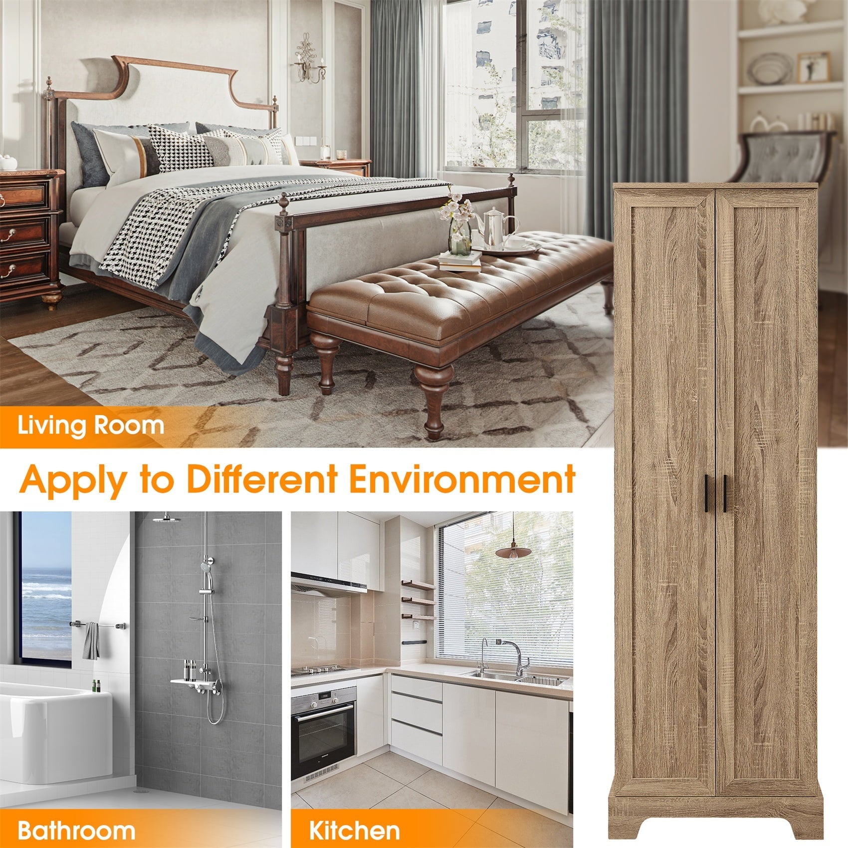 70" Cabinet with Adjustable Shelf, Freestanding Wooden Bathroom Cabinet for Bathroom Living Room Brown - Image 6