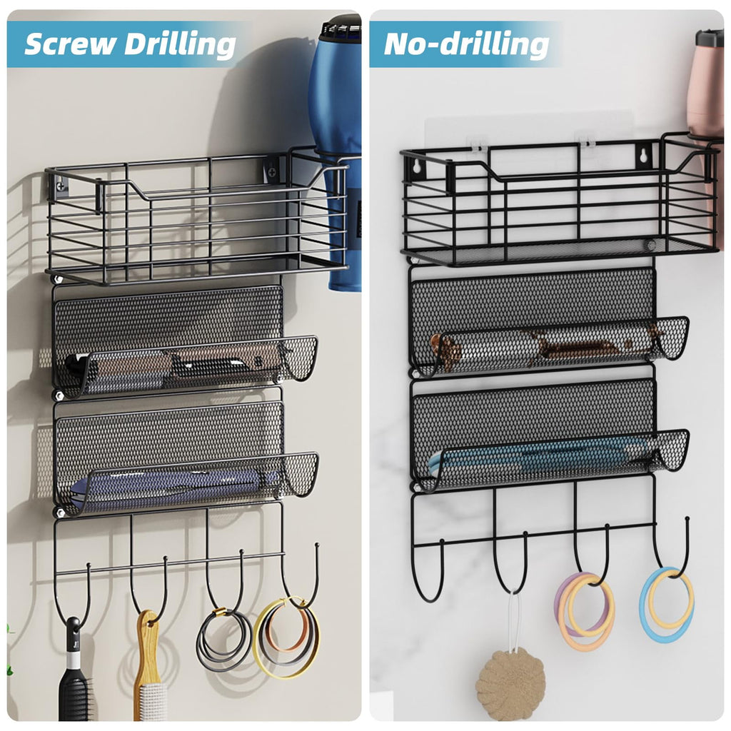 Metal Hair Tool Organizer Wall Mount, Hair Dryer Holder with 3 Tier Shelf Basket Hooks, Bathroom Hair Styling Tool Or... - Image 5