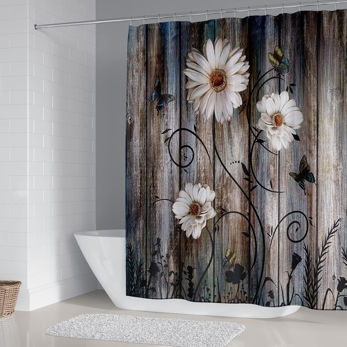 Curtain Set 4, Farm Teal Daisy Floral Bathroom Decor Set with Bath Curtain, Bath Mat, Toilet Lid and U-shaped Rug - Image 2
