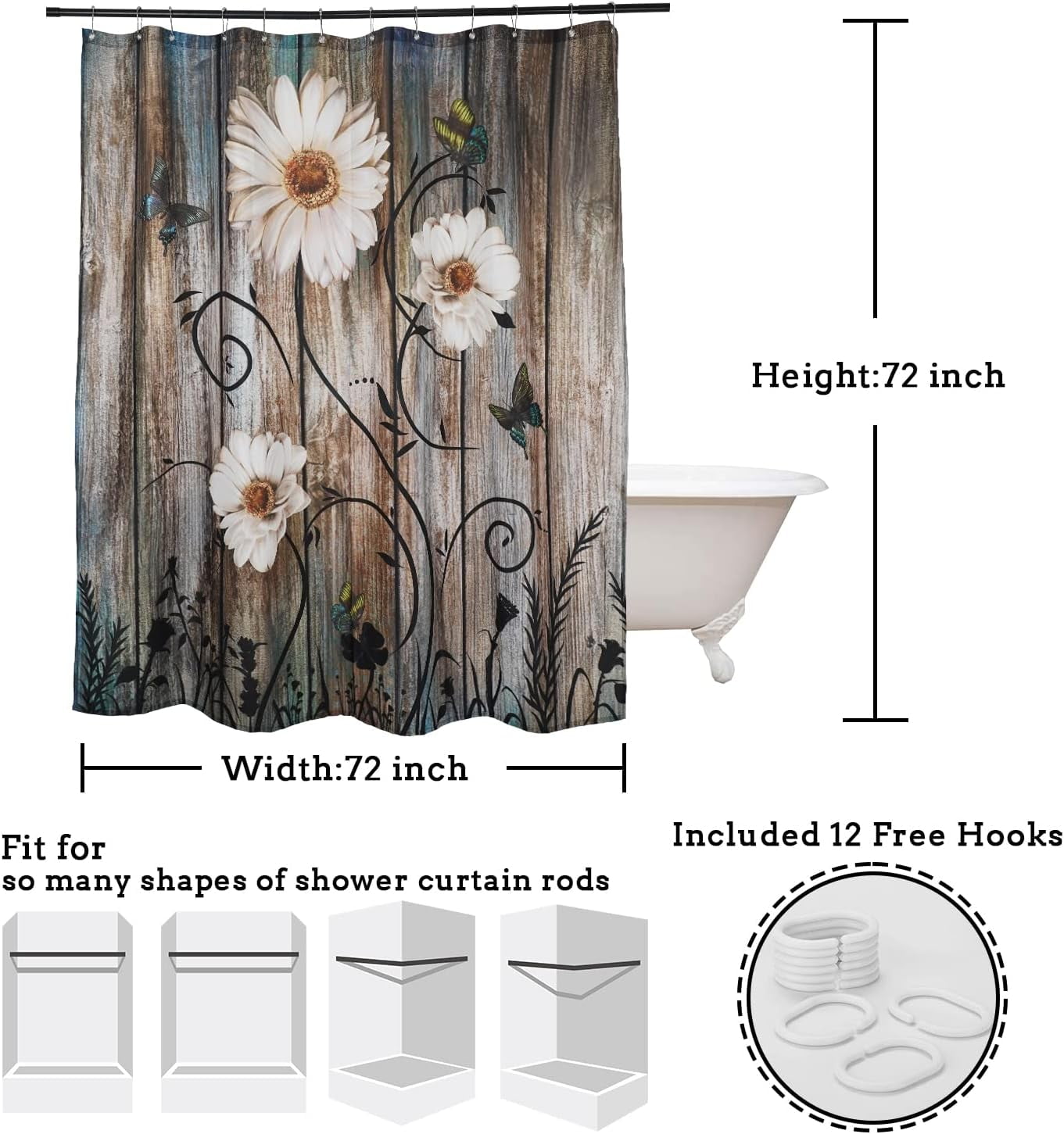 Curtain Set Grey Floral Fabric Bath Curtain 12 Hooks Butterfly Daisy American Country Farm Style 72×72 Inches - Image 5