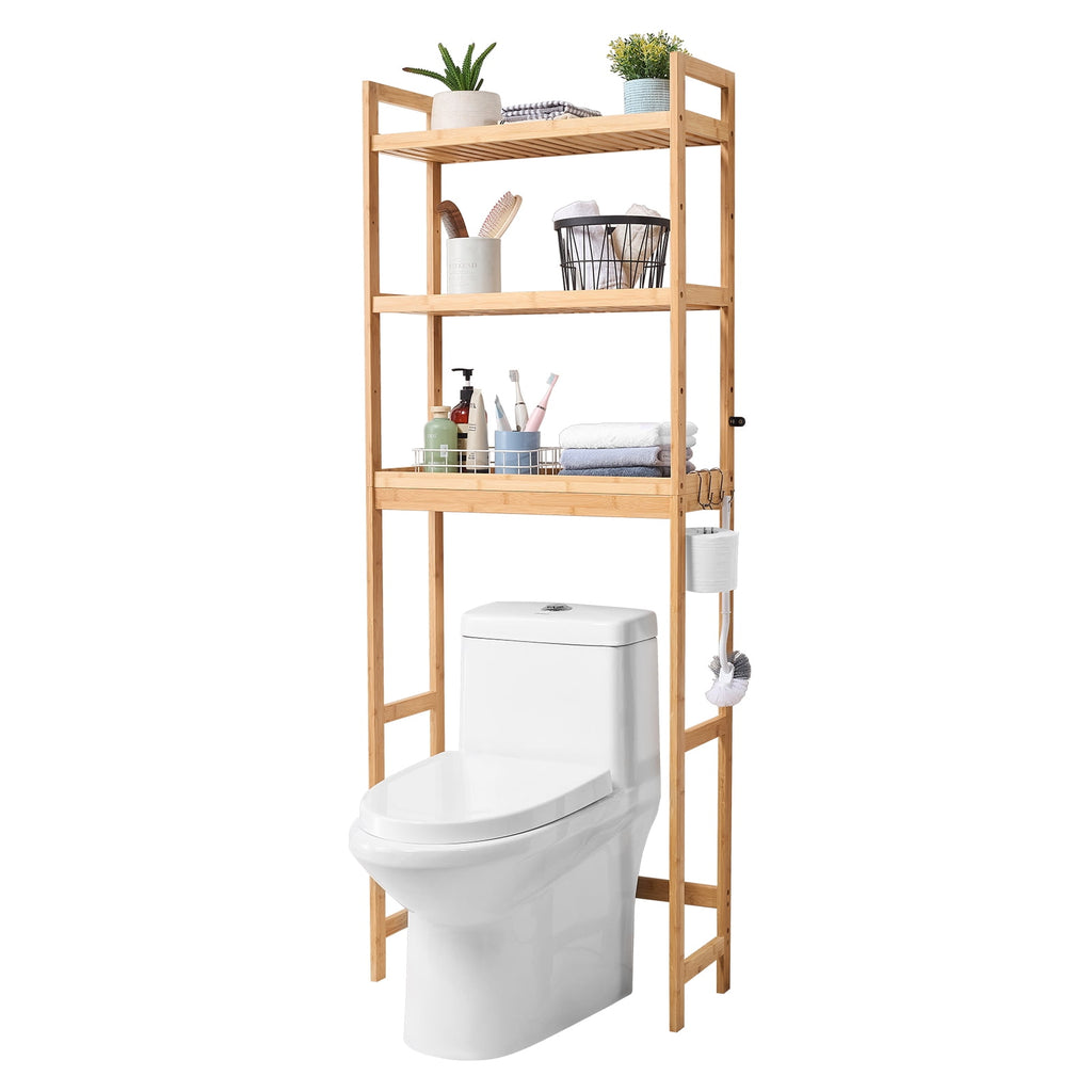 Bathroom Storage Above Toilet, 3-Level Adjustable Bamboo Organizer, Shelf Rack with Trio Hooks, Standalone Simple Set... - Image 6