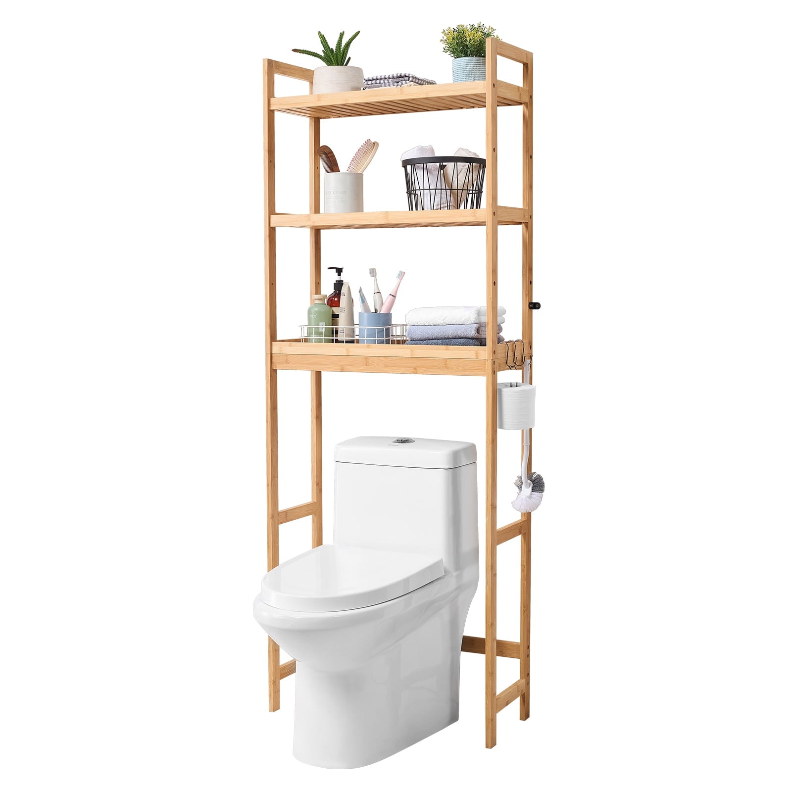 Bathroom Storage Above Toilet, 3-Level Adjustable Bamboo Organizer, Shelf Rack with Trio Hooks, Standalone Simple Set... - Image 6