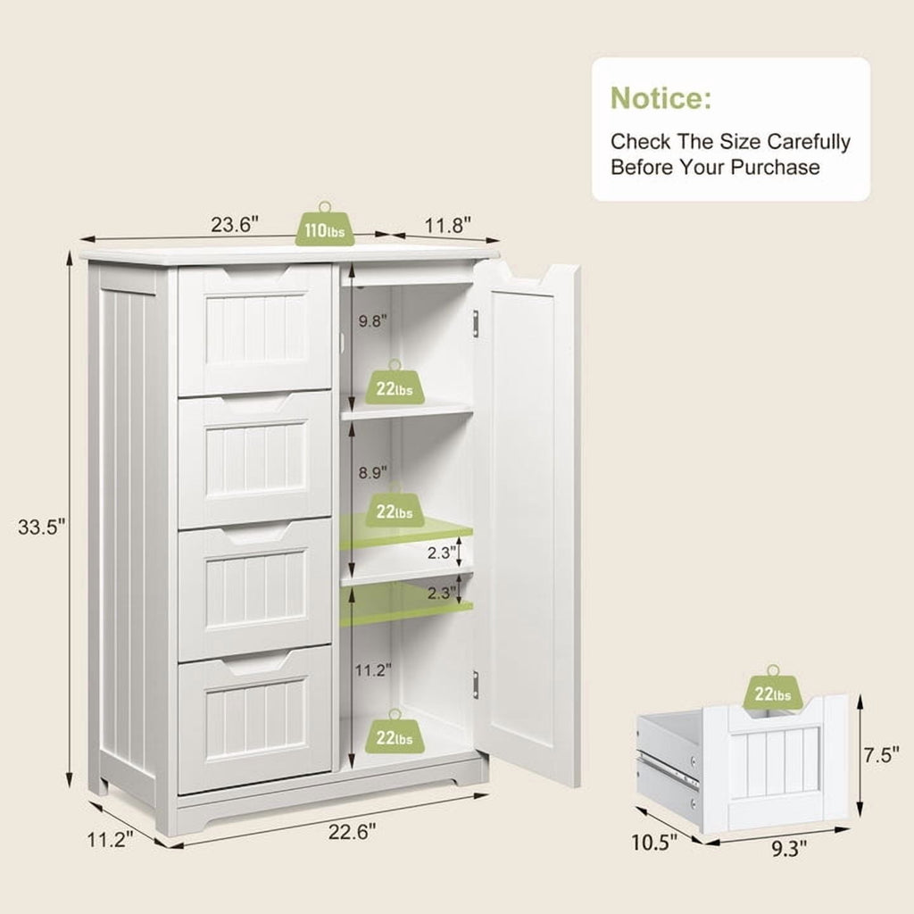 Aiho 33.5 "H Wooden Bathroom Storage Cabinet with 4 Drawers, a Cupboard and Adjustable Dividers for Bathroom,Living room,and Bedroom - White - Image 2