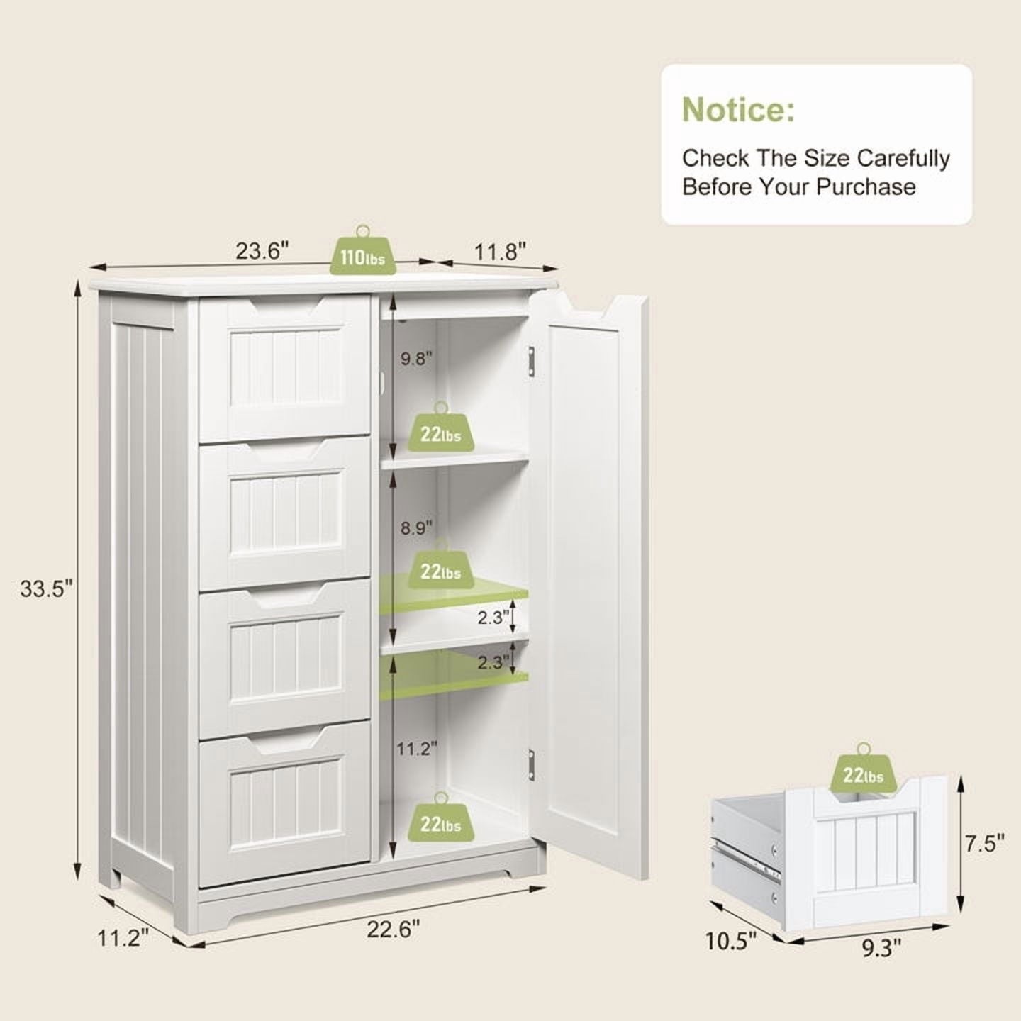 Aiho 33.5 "H Wooden Bathroom Storage Cabinet with 4 Drawers, a Cupboard and Adjustable Dividers for Bathroom,Living room,and Bedroom - White - Image 2