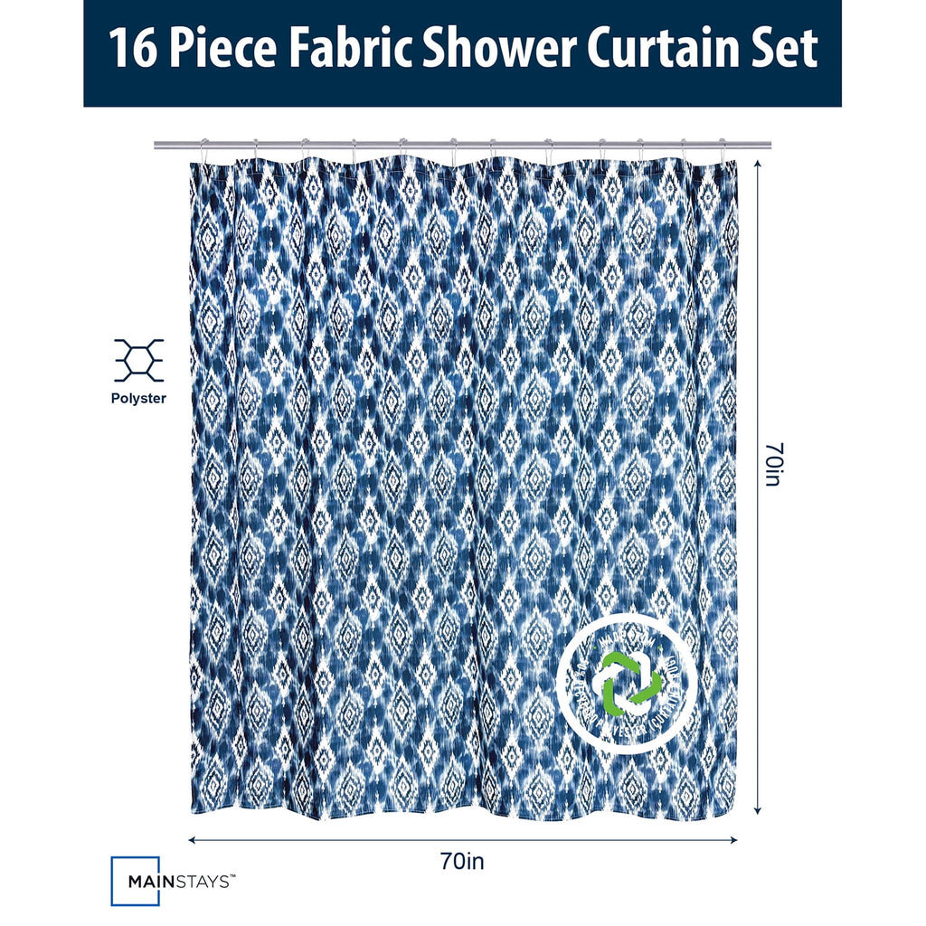 Mainstays 16-Piece Blue Ikat Shower Curtain Bathroom Set  Fabric Curtain with Rug, Hooks, Soap Dispenser & Tray - Image 5