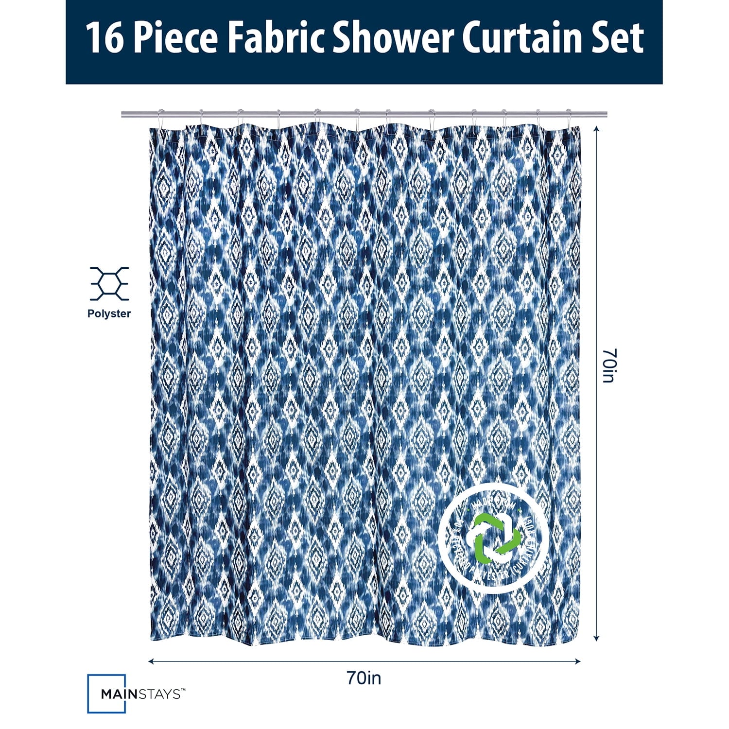 Mainstays 16-Piece Blue Ikat Shower Curtain Bathroom Set  Fabric Curtain with Rug, Hooks, Soap Dispenser & Tray - Image 5