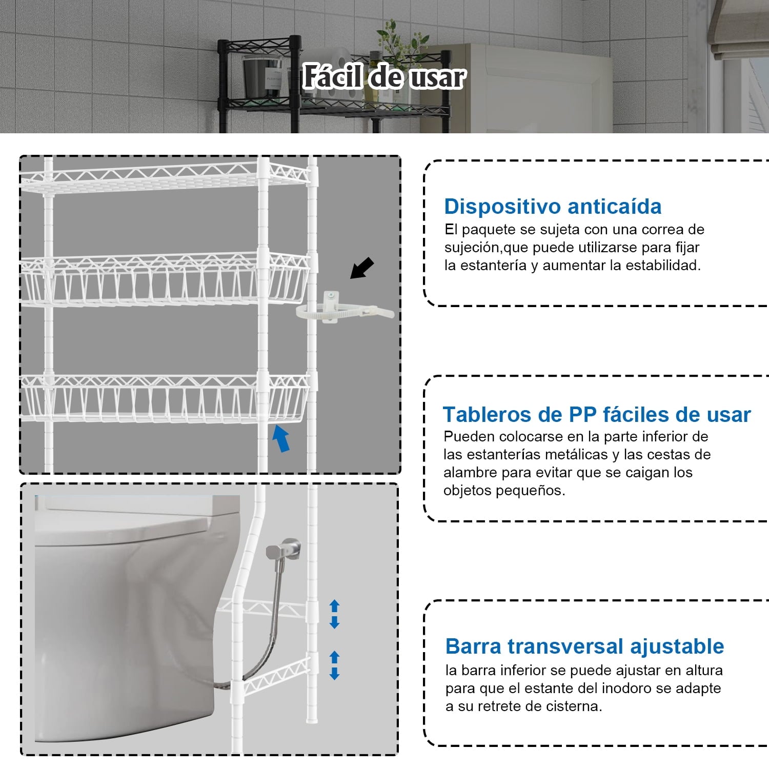 Untyo 3 Tier Over the Toilet Storage Rack Bathroom Storage Shelf Space Saver Stand Above Toilet with Adjustable Shelves and Baskets - Image 6