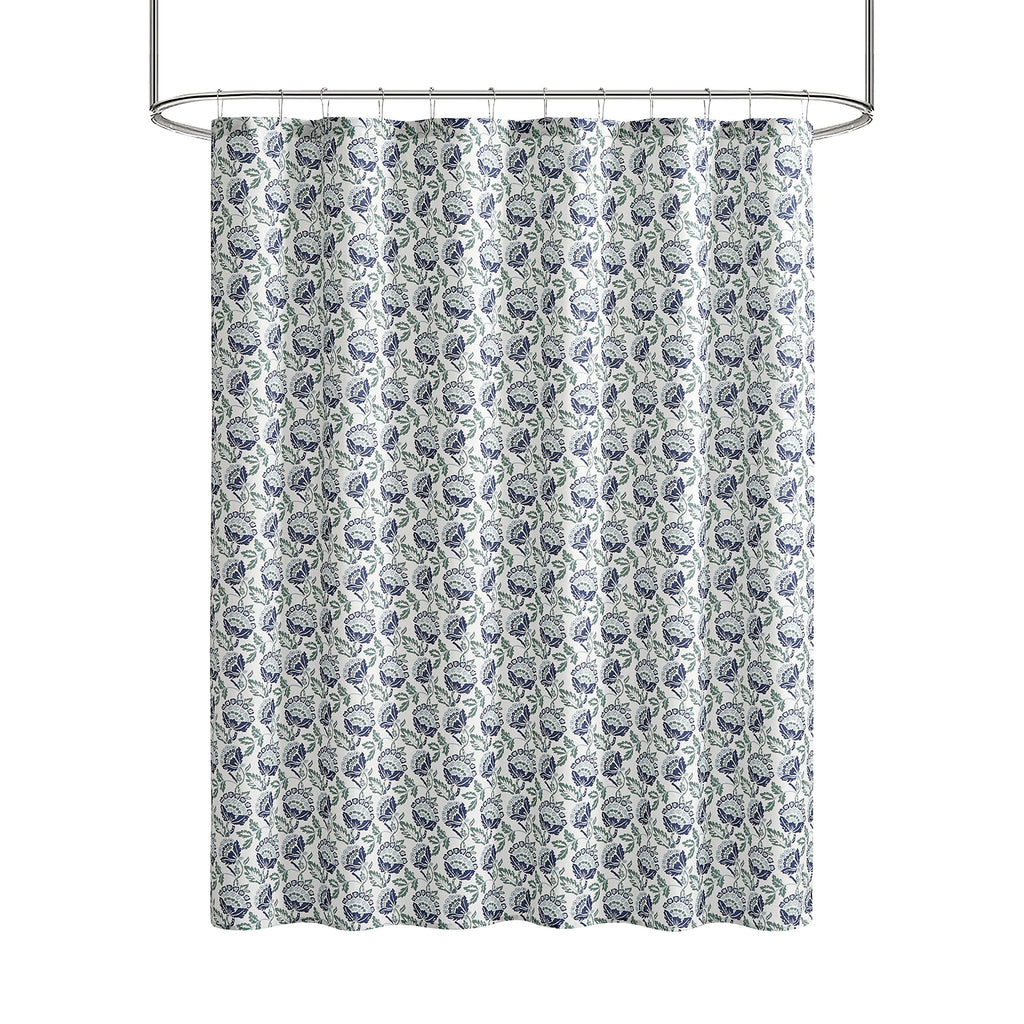 Mainstays Block Floral 13 Piece Shower Curtain and Hook Set, 72 x 72, Navy - Image 2