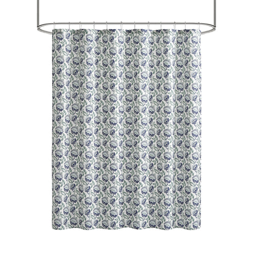 Mainstays Block Floral 13 Piece Shower Curtain and Hook Set, 72 x 72, Navy - Image 2