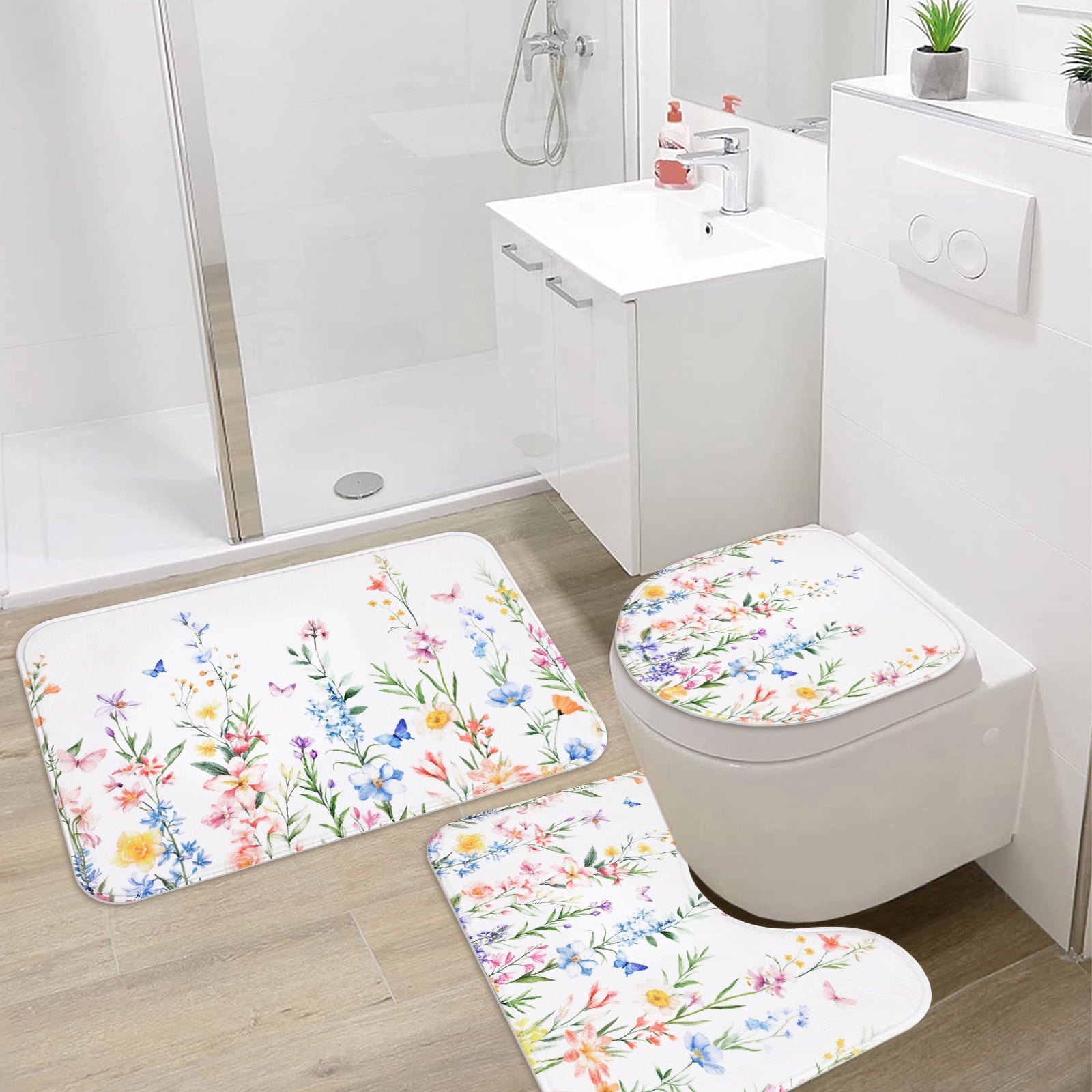 FRAMICS 16-Piece Floral Shower Curtain Sets with Rugs, Watercolor Wildflower Bathroom Sets with Hooks, Waterproof Fabric Bathroom Curtain, M - Image 5
