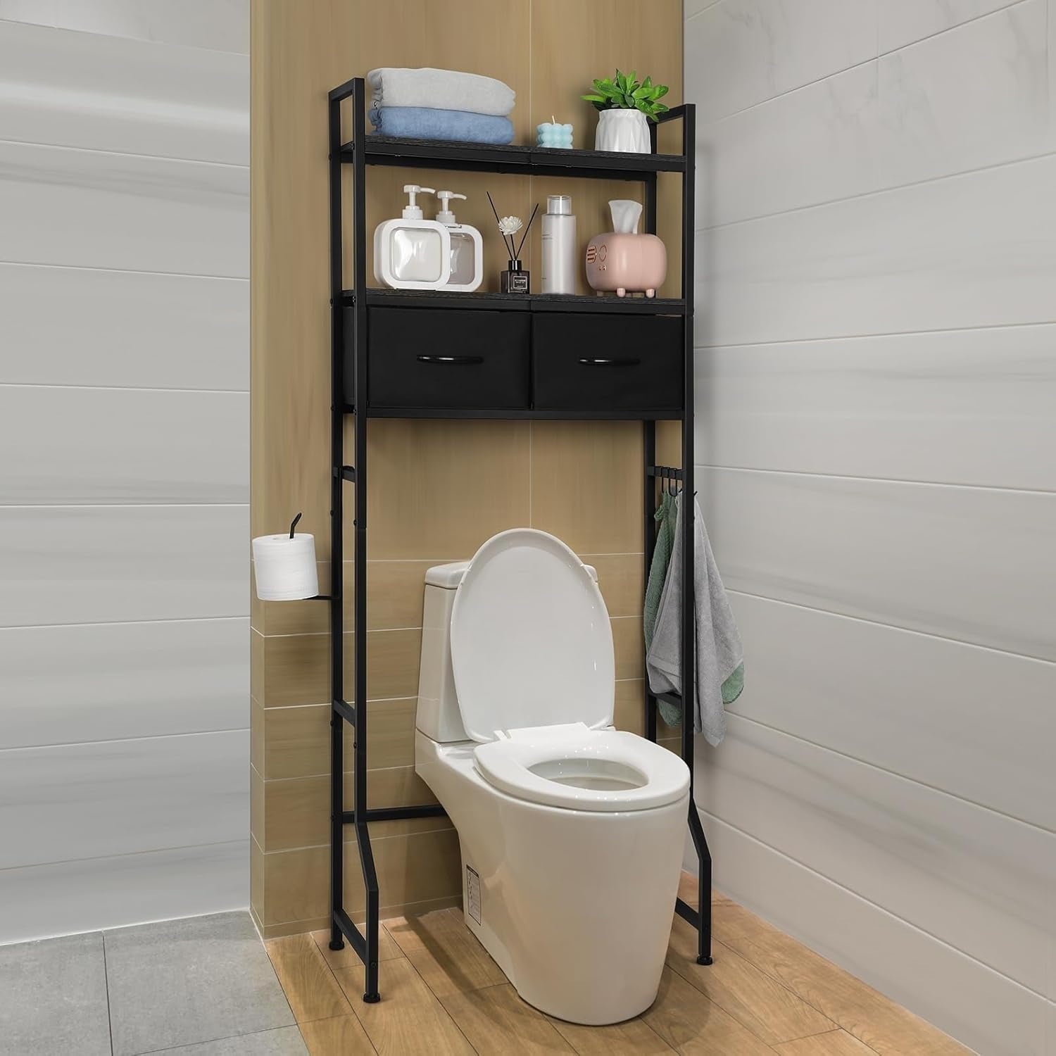 3-Tier Shelf with Storage Baskets, The Storage Cabinet, 3-Tier Bathroom Organizer with Fabric Drawers & Hooks, Freest... - Image 4