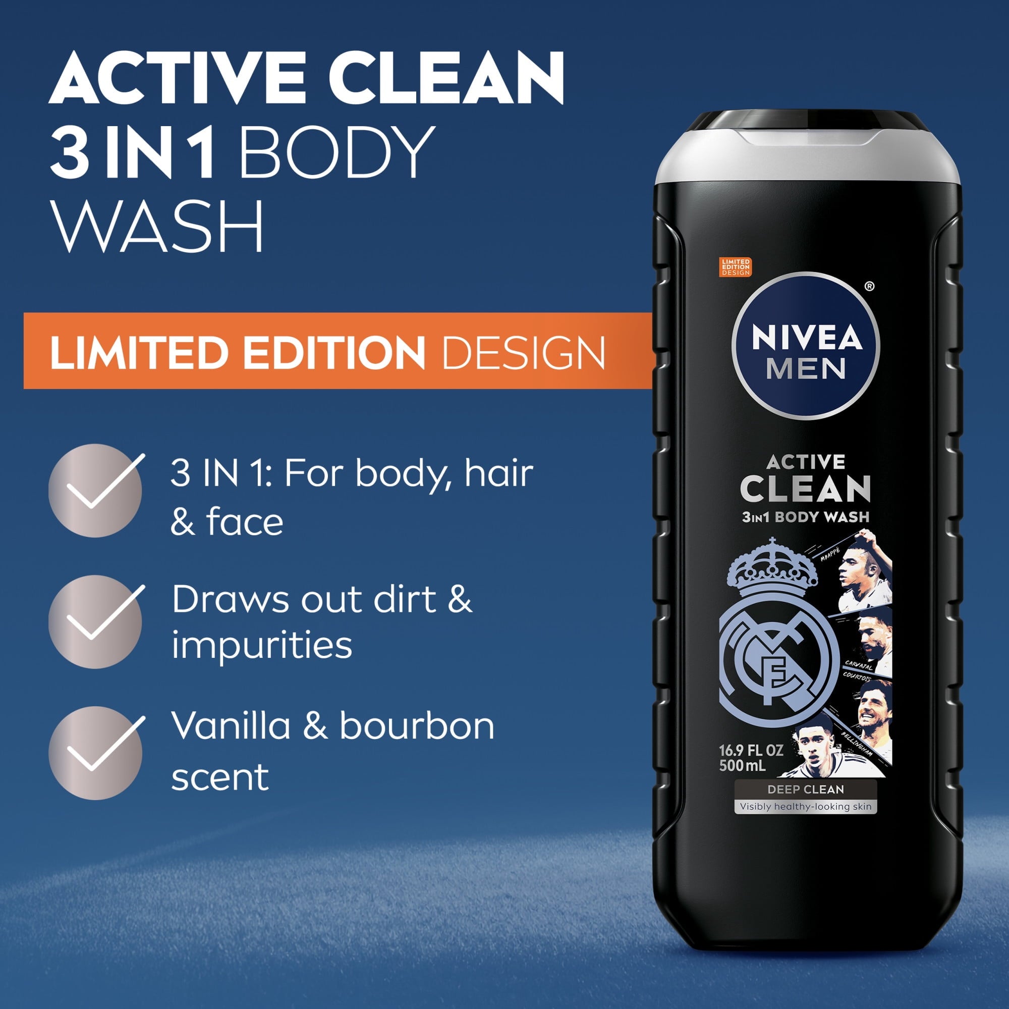 Real Madrid Limited Edition Design Active Clean 3-in-1 's Body Wash with Charcoal, Vanilla Bourbon Scent, 16.9 fl oz - Image 3