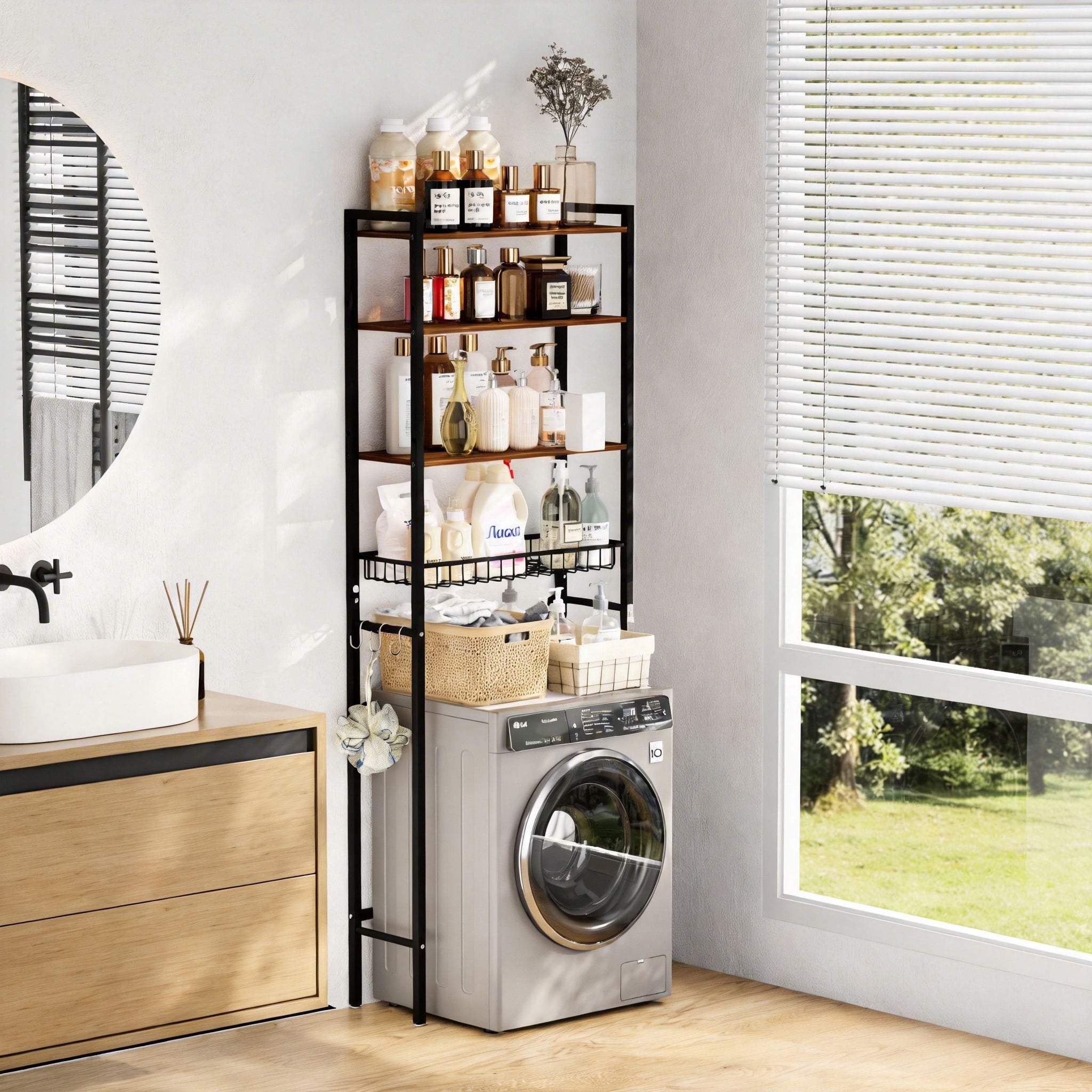 GARITIN Over The Toilet Storage Shelf, 4-Tier Bathroom Organizer with Hooks & Toilet Paper Holder, Over Toilet Storage Rack for Small Bathro - Image 3