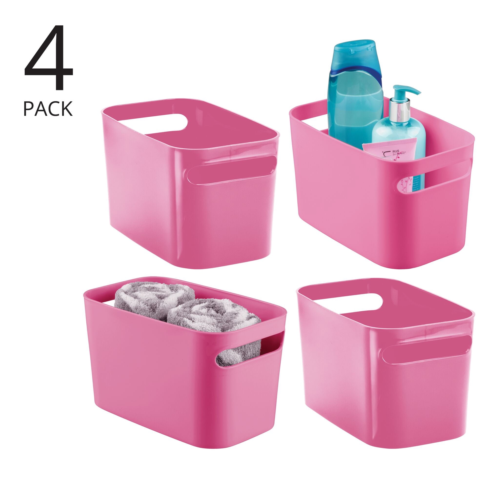 Plastic Bath Storage Bin with Handles, 10" Long, 4 Pack, Rose Pink - Image 3