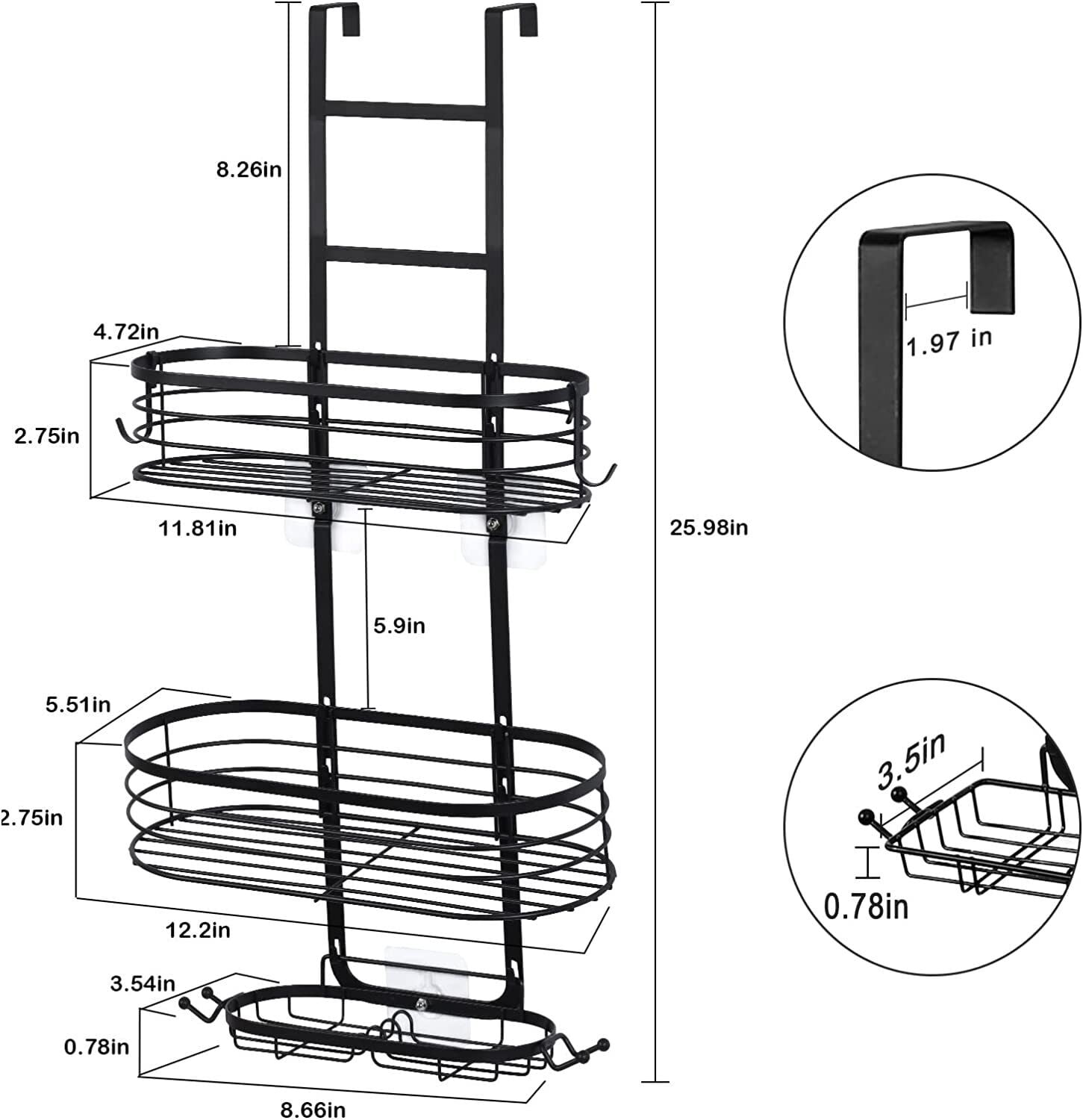 3-Shelf Metal Hanging Bathroom Shower Caddy, Black - Image 5
