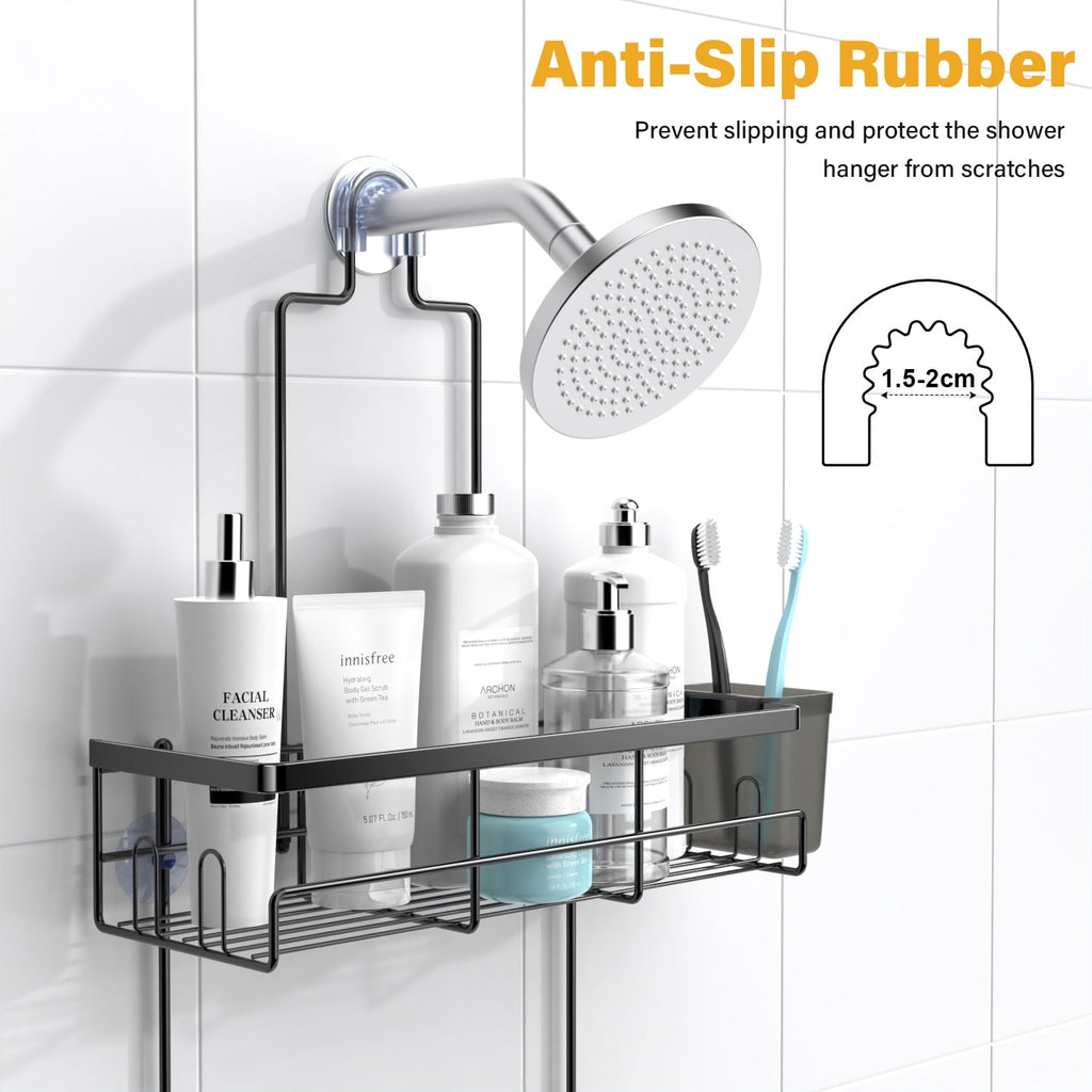 over Head: Stainless Steel Bathroom Organizer for Shampoo with Soap Holder, Hooks, Toothbrush Holder- Black - Image 4