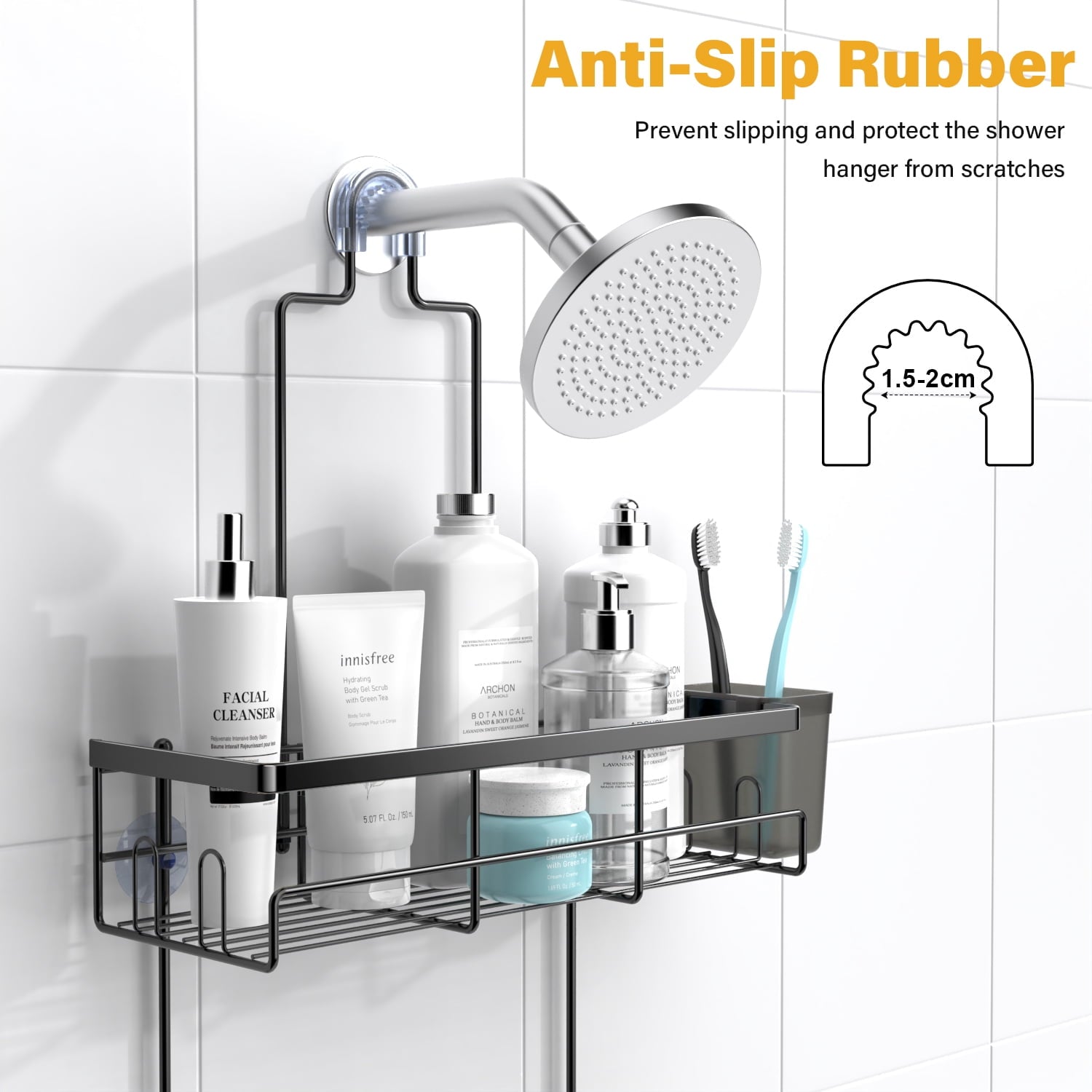 over Head: Stainless Steel Bathroom Organizer for Shampoo with Soap Holder, Hooks, Toothbrush Holder- Black - Image 4