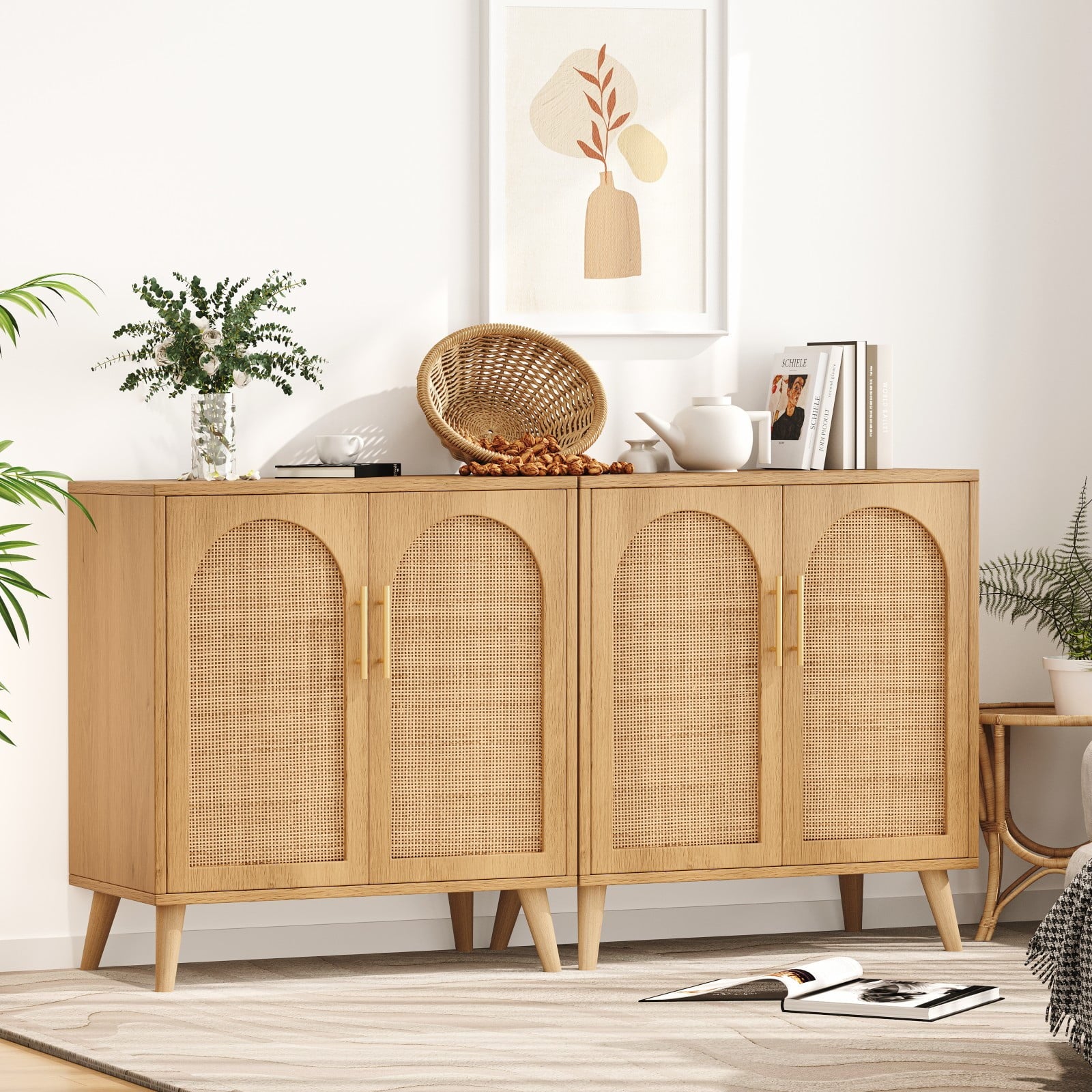 Set of 2 Rattan Storage Cabinet with Doors, Accent Bathroom Floor Cabinet, Modern Sideboard Buffet Cabinet for Living... - Image 2