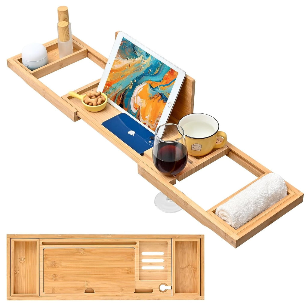 Bamboo Bathtub Tray, Expandable Bath Tray for Tub, Fits Most Bathtub, with Wine and Book Holder and Suport Ipad, Phone Suport, with Non-Slip - Image 6