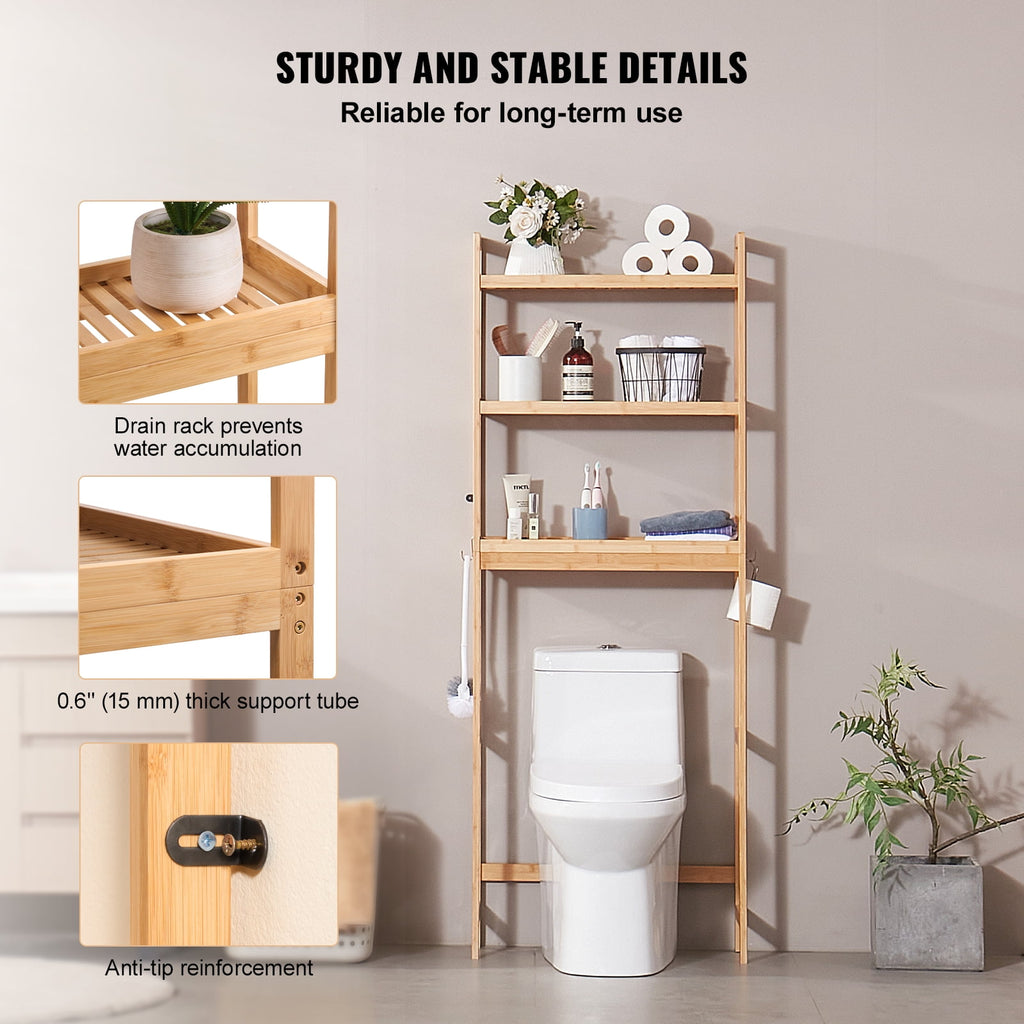 Bathroom Storage Above Toilet, 3-Level Adjustable Bamboo Organizer, Shelf Rack with Trio Hooks, Standalone Simple Set... - Image 2