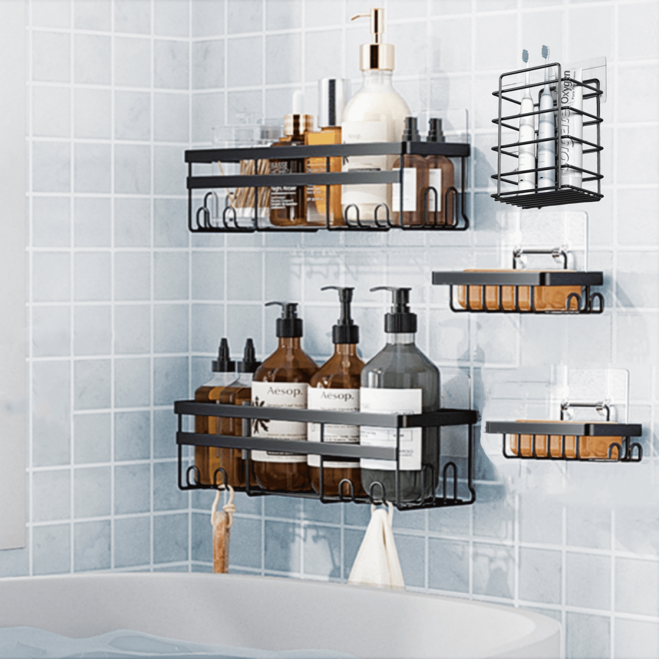 AHOXE Adhesive Shower Caddy, 5 Pack Rustproof Stainless Steel Bath Organizers With Large Capacity, No Drilling Shelves for Bathroom Storage