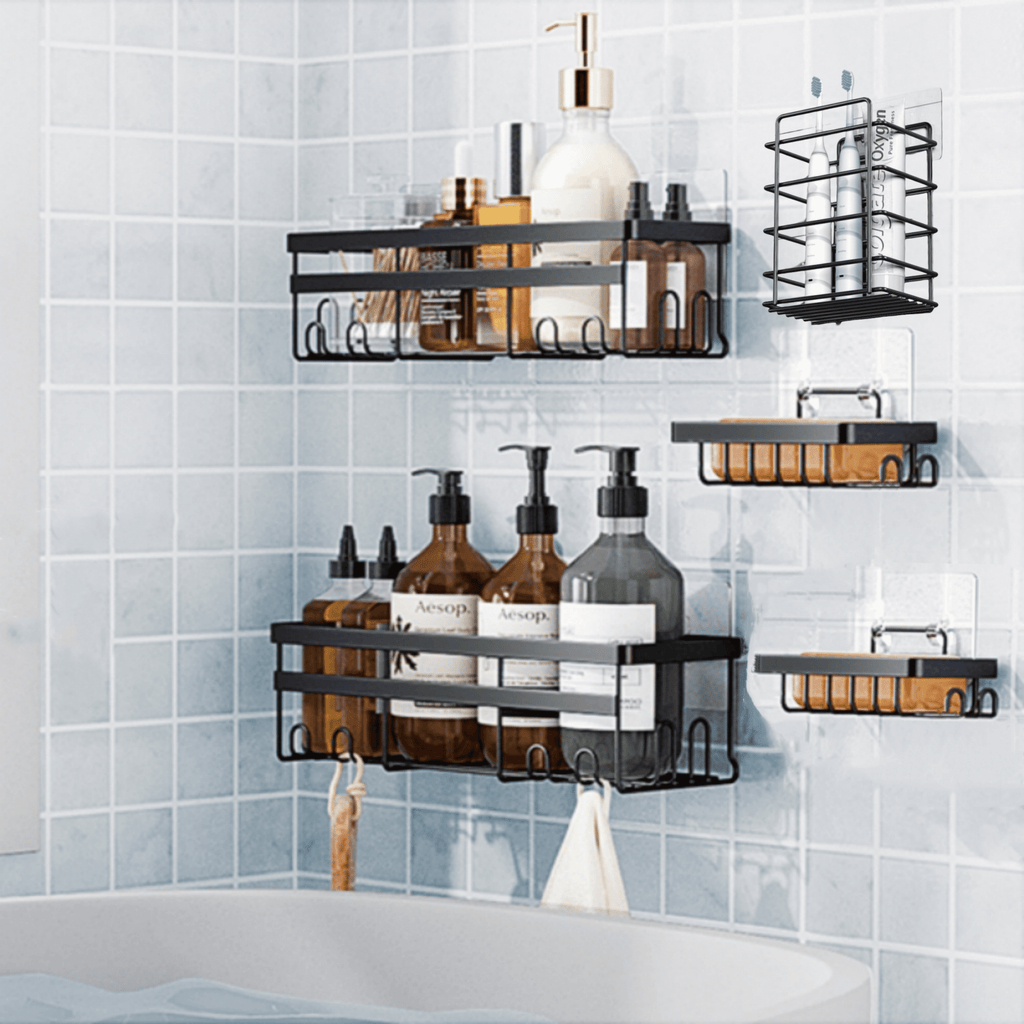 AHOXE Adhesive Shower Caddy, 5 Pack Rustproof Stainless Steel Bath Organizers With Large Capacity, No Drilling Shelves for Bathroom Storage
