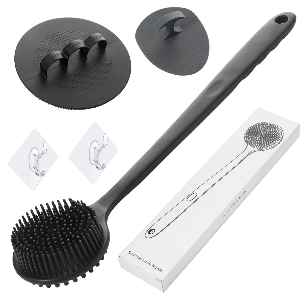 3-Pack Silicone Back Scrubber Set with 14" Long Handle, Body and Face Brushes + 2 Hooks - Deep Exfoliating and Lather...