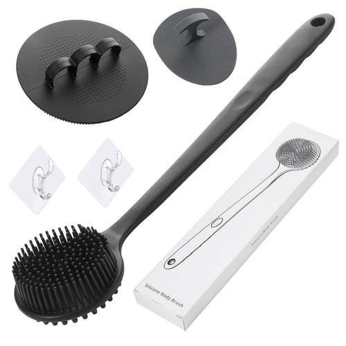 3-Pack Silicone Back Scrubber Set with 14" Long Handle, Body and Face Brushes + 2 Hooks - Deep Exfoliating and Lather...