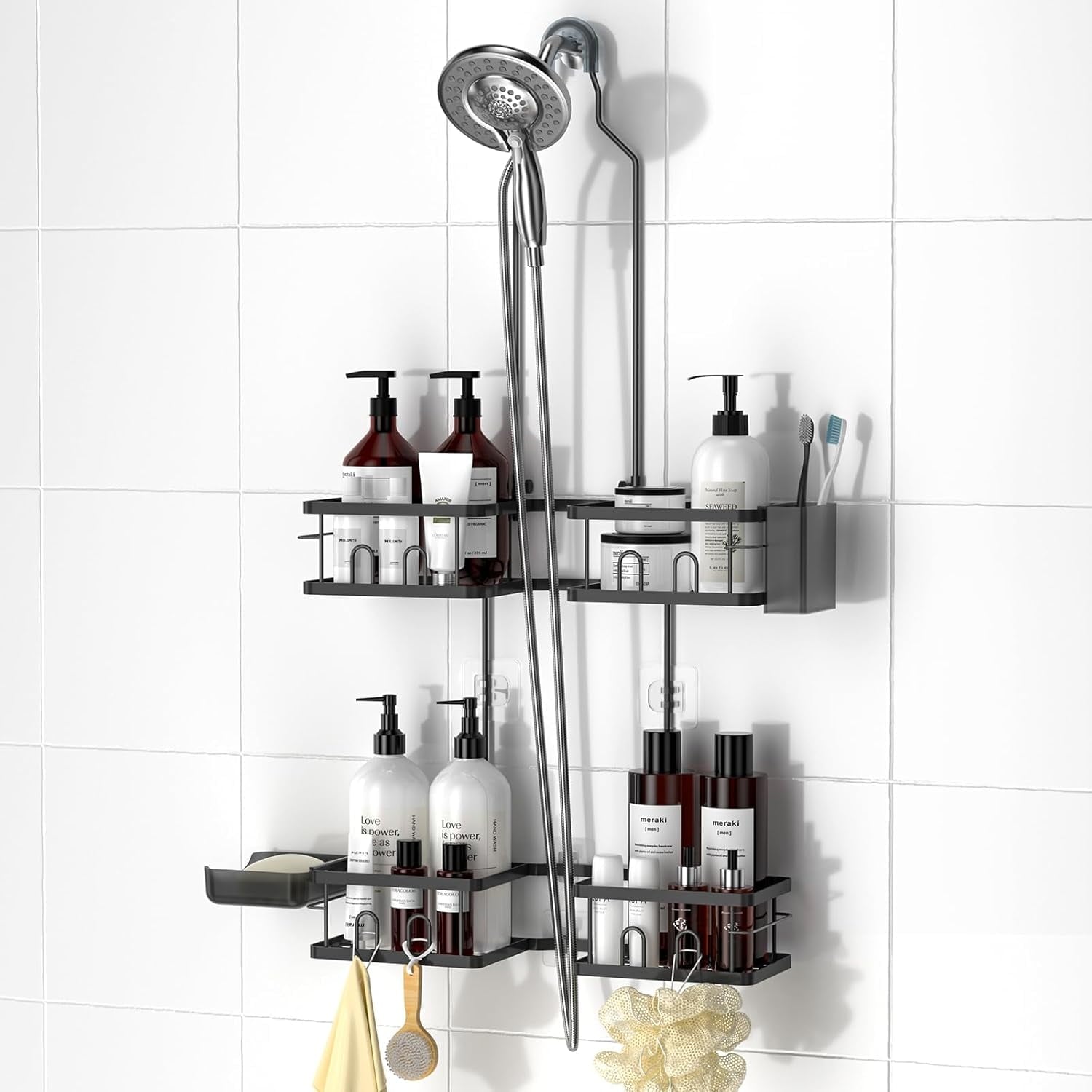 Adjustable Shower Caddy Hanging Rustproof Shower Caddy for Handheld Showerheads, Shower Organizer with Hooks Soap Hol...