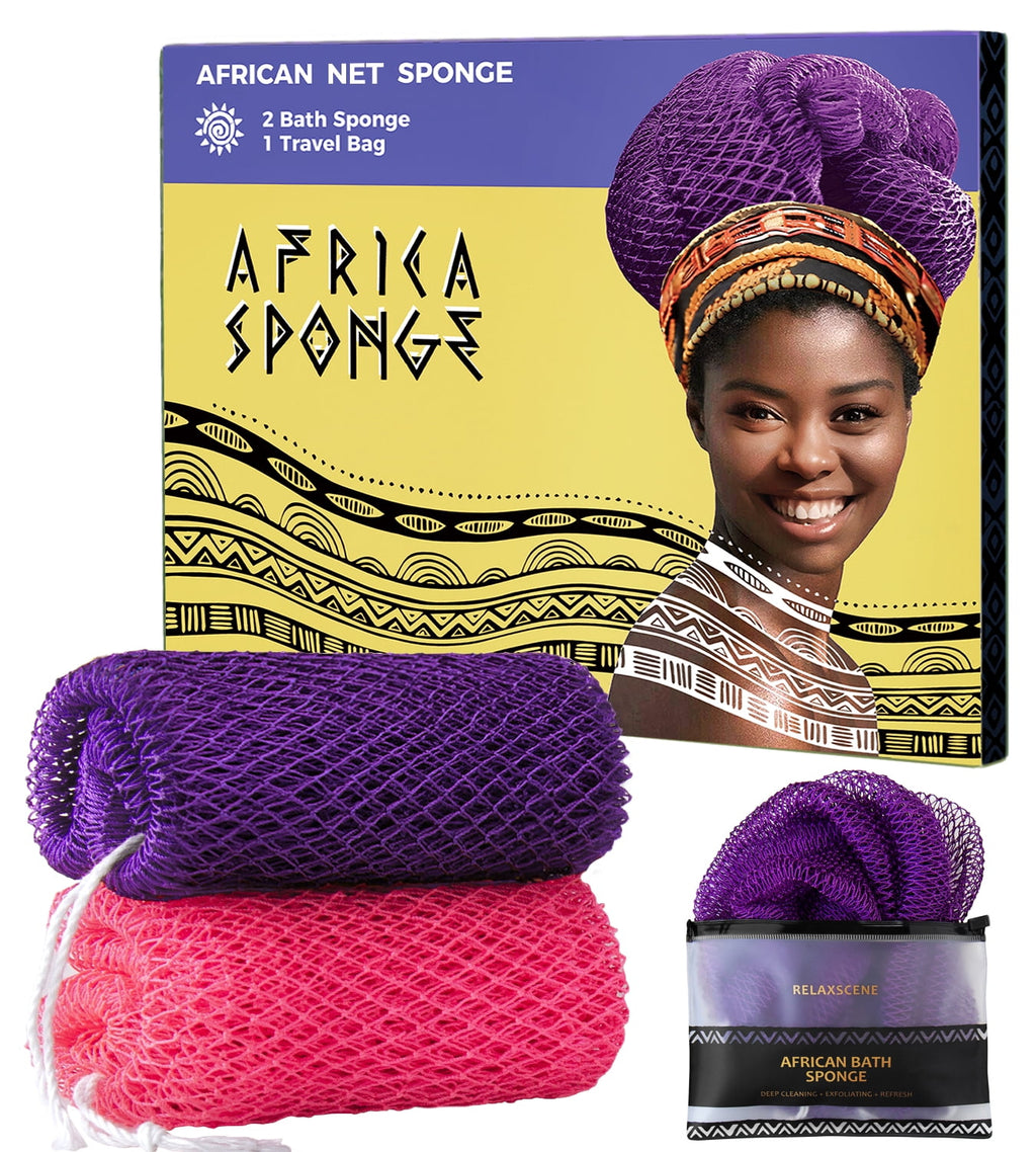 Authentic - 2 Pieces Real Exfoliating with Knots - Afro Scrubber Wash Cloths for Body Scrub Exfoliator Purple & Pink ...