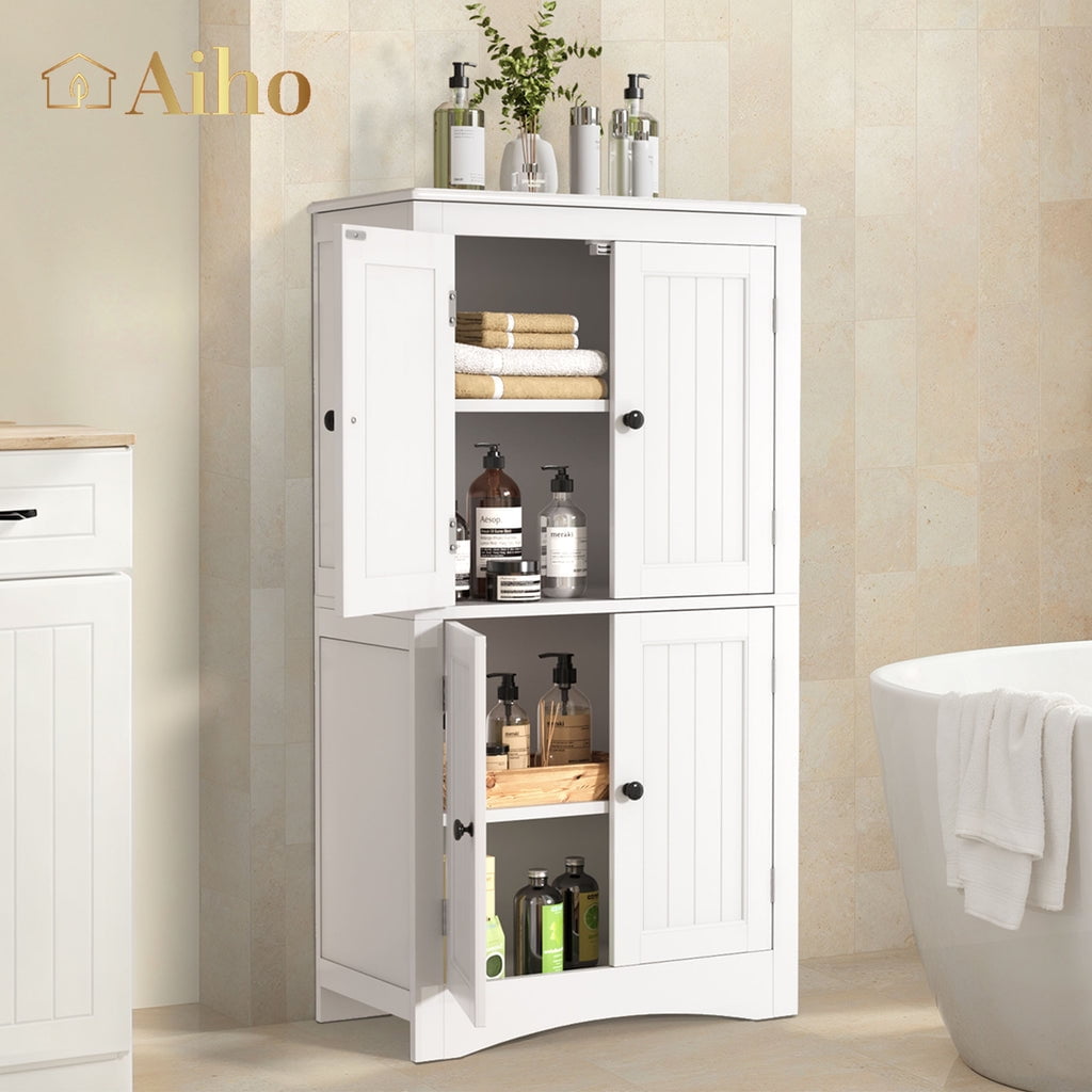 Aiho 43" Bathroom Storage Cabinet, Freestanding Cabinet with 4 Doors & 3 Adjustable Shelves for Bathroom - White