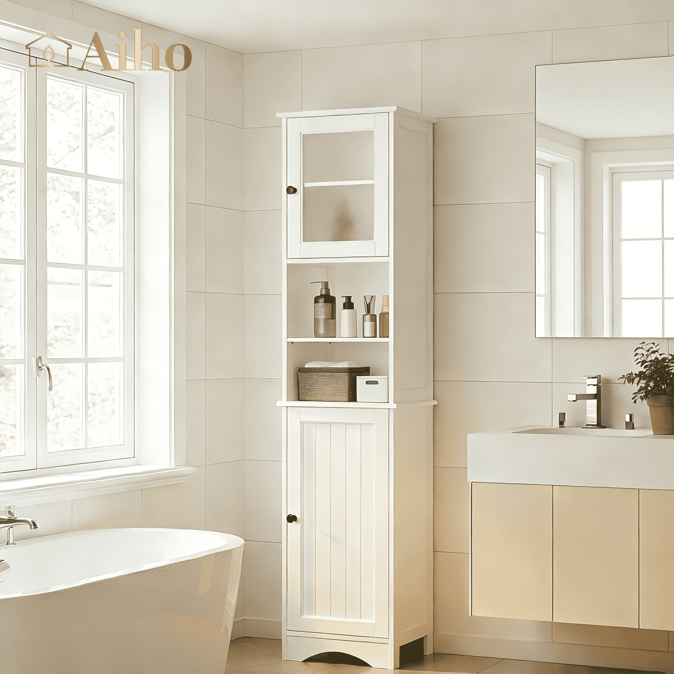 Aiho 67.1" H Bathroom Storage Cabinet, Narrow Tall Linen Tower with Adjustable Shelves & 2 Doors, Freestanding Cabinet for Bathroom, Living