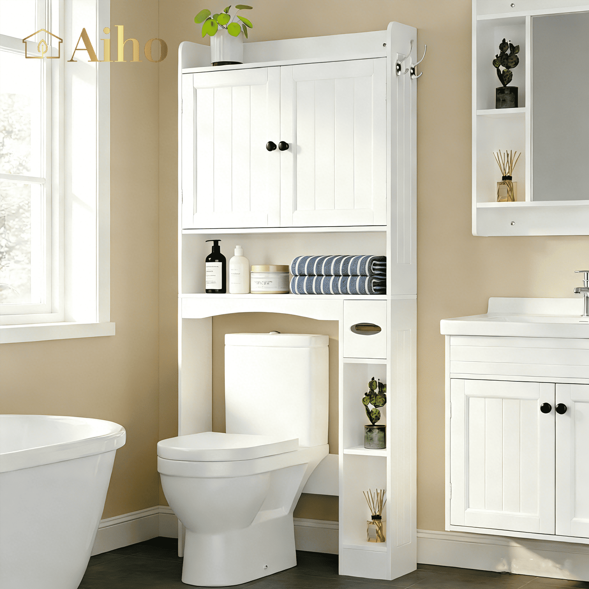 Aiho 70.3" Tall Over the Toilet Storage Cabinet, Bathroom Organizer Above Toilet with Adjustable Shelves & 2 Side Hooks, Space Saver for Bat