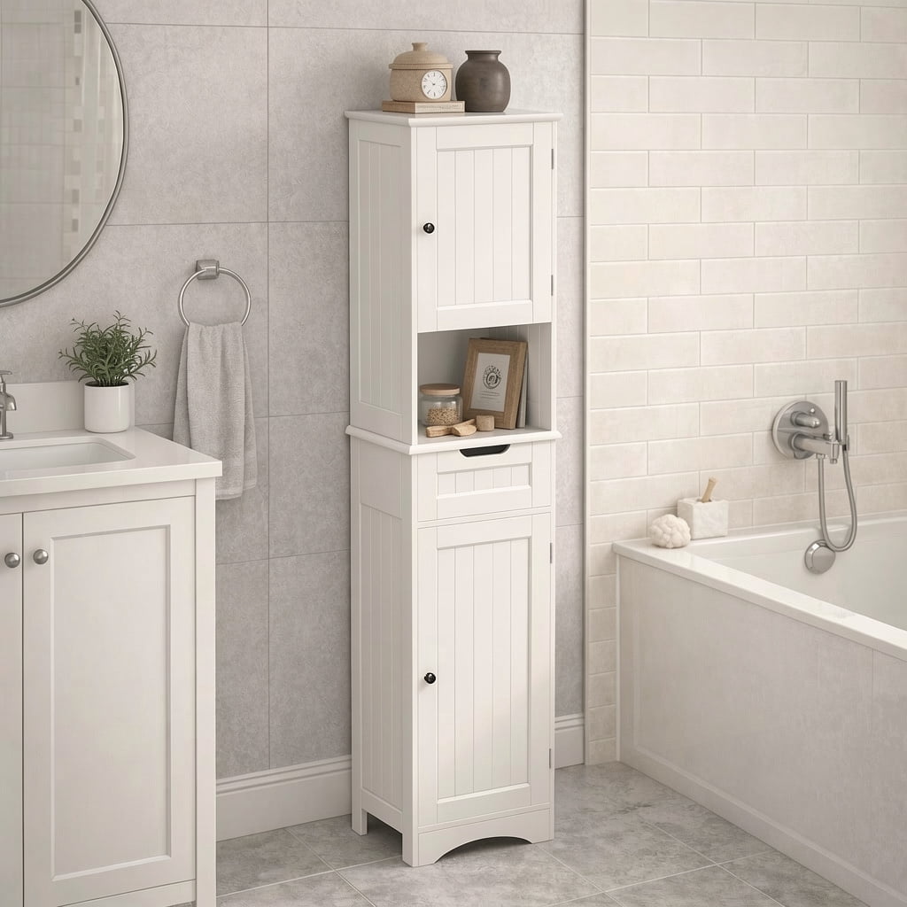 Bathroom Storage Cabinet, White Linen Cabinet, Narrow Tall Cabinet Storage Tower with Door ,Drawer and Open Storage -...